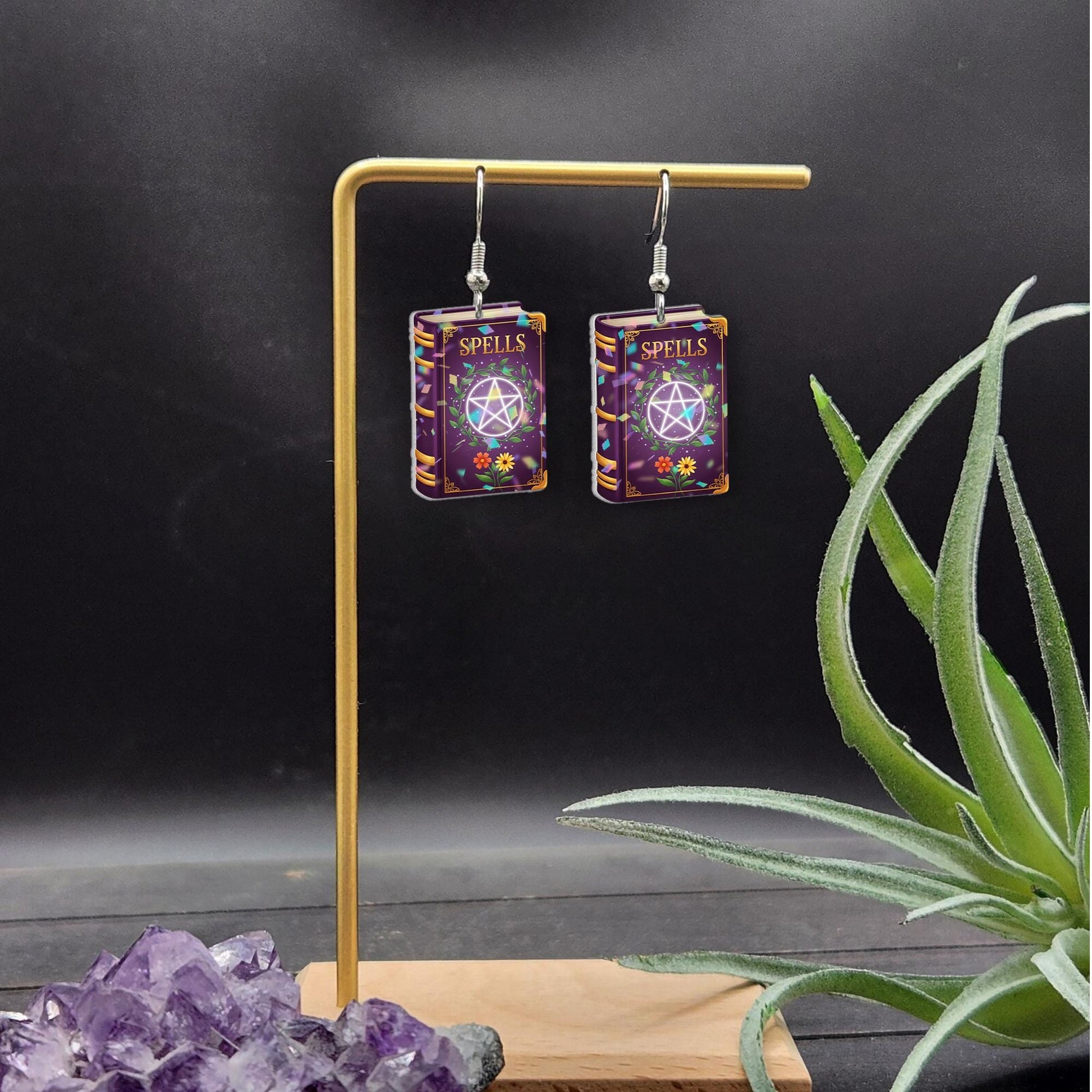 Spell Book Dangle Earrings – Witchy Purple Magic Book Jewelry with Pentagram, Cute Halloween or Wiccan Gift for Her, Gothic Accessories