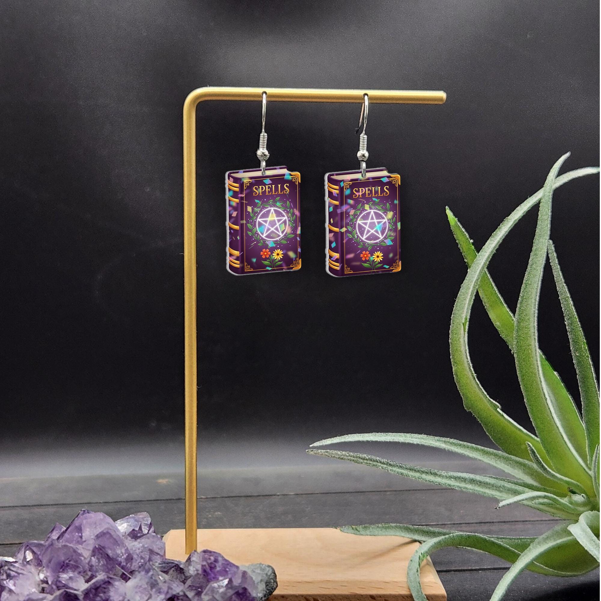 Spell Book Dangle Earrings – Witchy Purple Magic Book Jewelry with Pentagram, Cute Halloween or Wiccan Gift for Her, Gothic Accessories