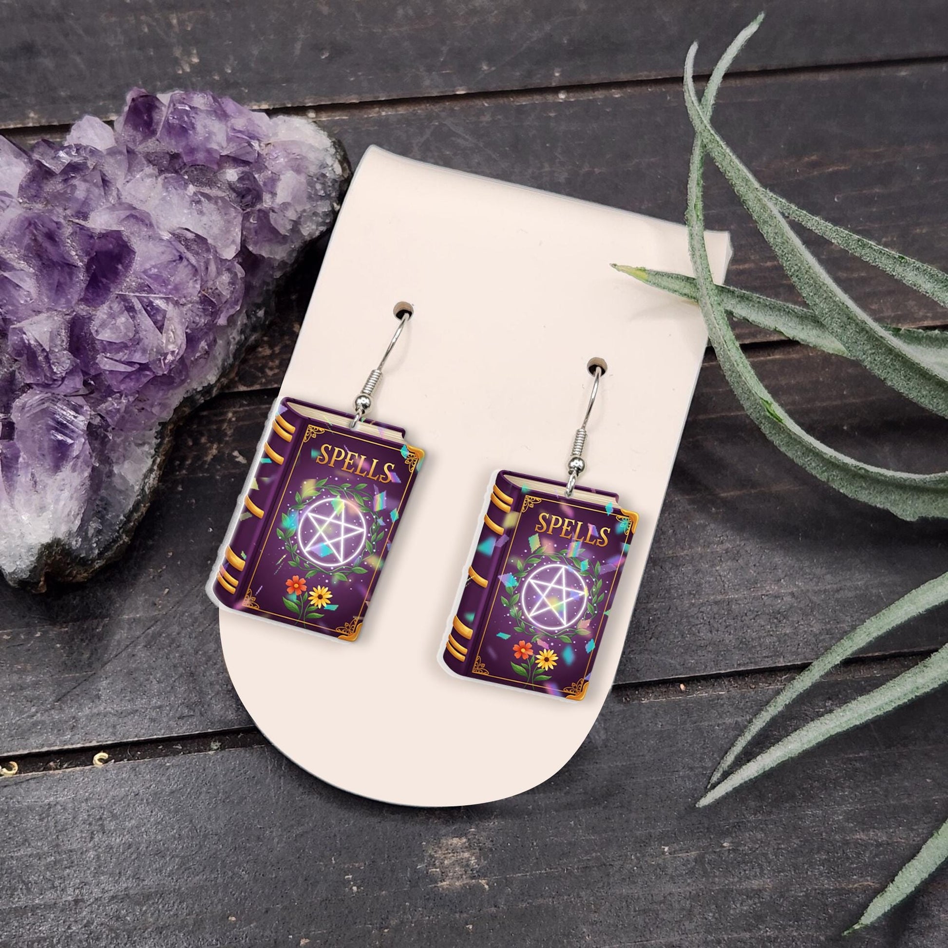 Spell Book Dangle Earrings – Witchy Purple Magic Book Jewelry with Pentagram, Cute Halloween or Wiccan Gift for Her, Gothic Accessories