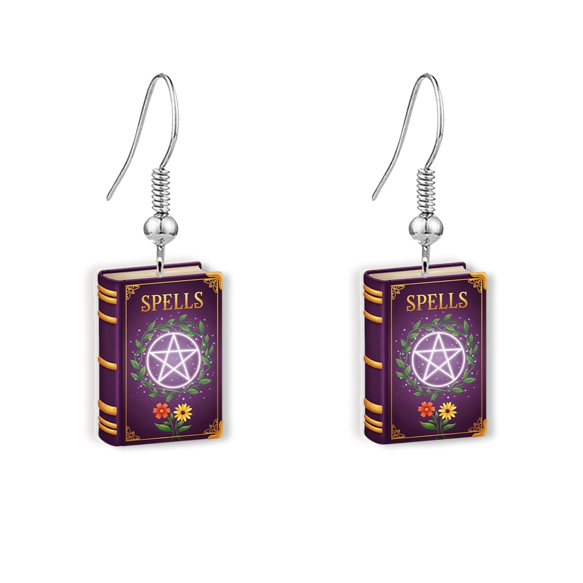 Spell Book Dangle Earrings – Witchy Purple Magic Book Jewelry with Pentagram, Cute Halloween or Wiccan Gift for Her, Gothic Accessories