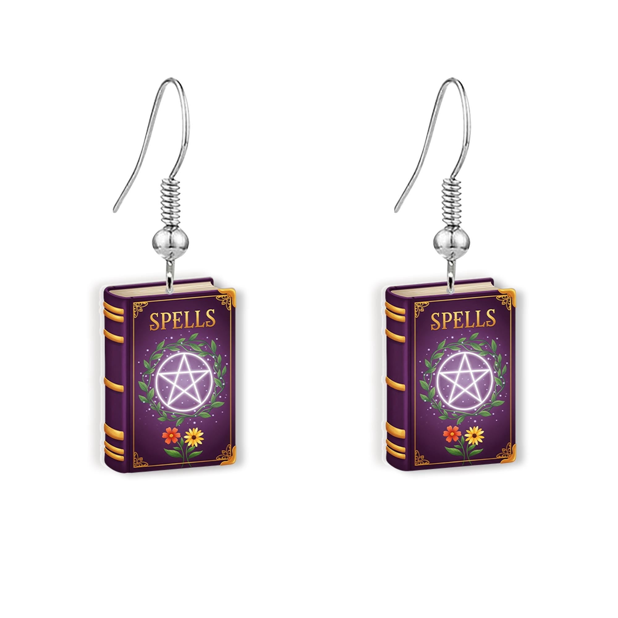 Spell Book Dangle Earrings – Witchy Purple Magic Book Jewelry with Pentagram, Cute Halloween or Wiccan Gift for Her, Gothic Accessories