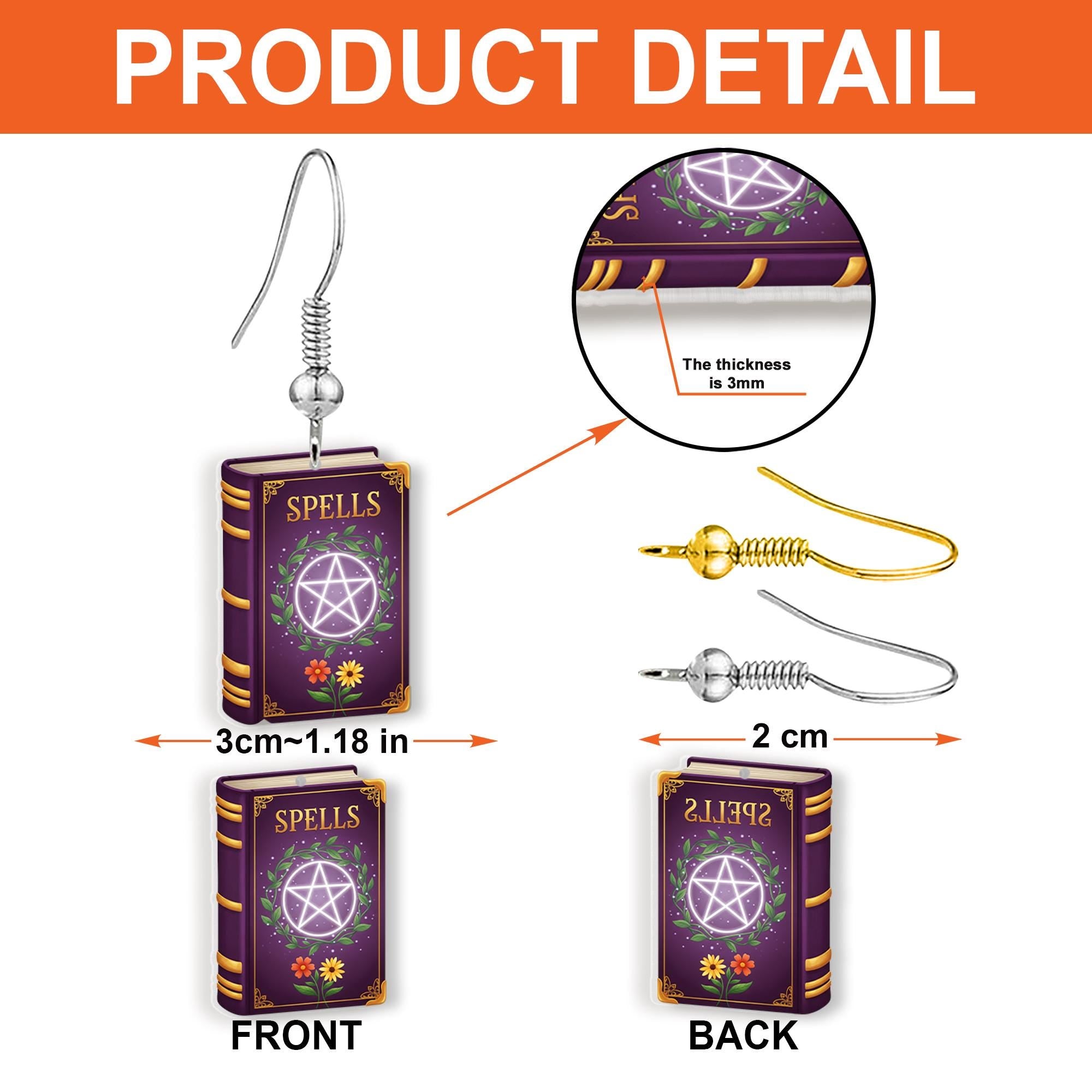 Spell Book Dangle Earrings – Witchy Purple Magic Book Jewelry with Pentagram, Cute Halloween or Wiccan Gift for Her, Gothic Accessories