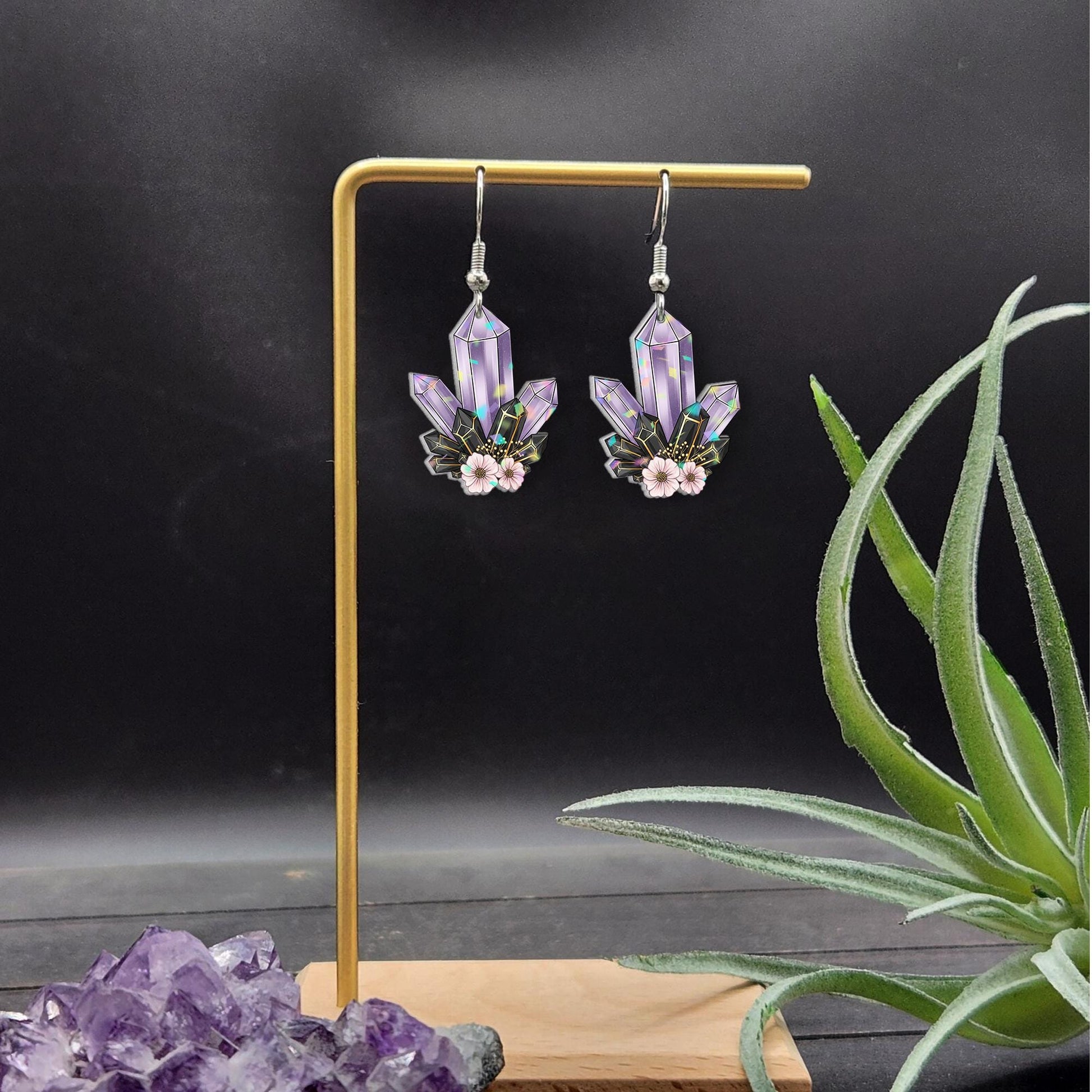 Purple Crystal Dangle Earrings – Floral Gemstone Witchy Jewelry, Amethyst Style Boho Earrings, Mystical Gift for Her, Nature Inspired