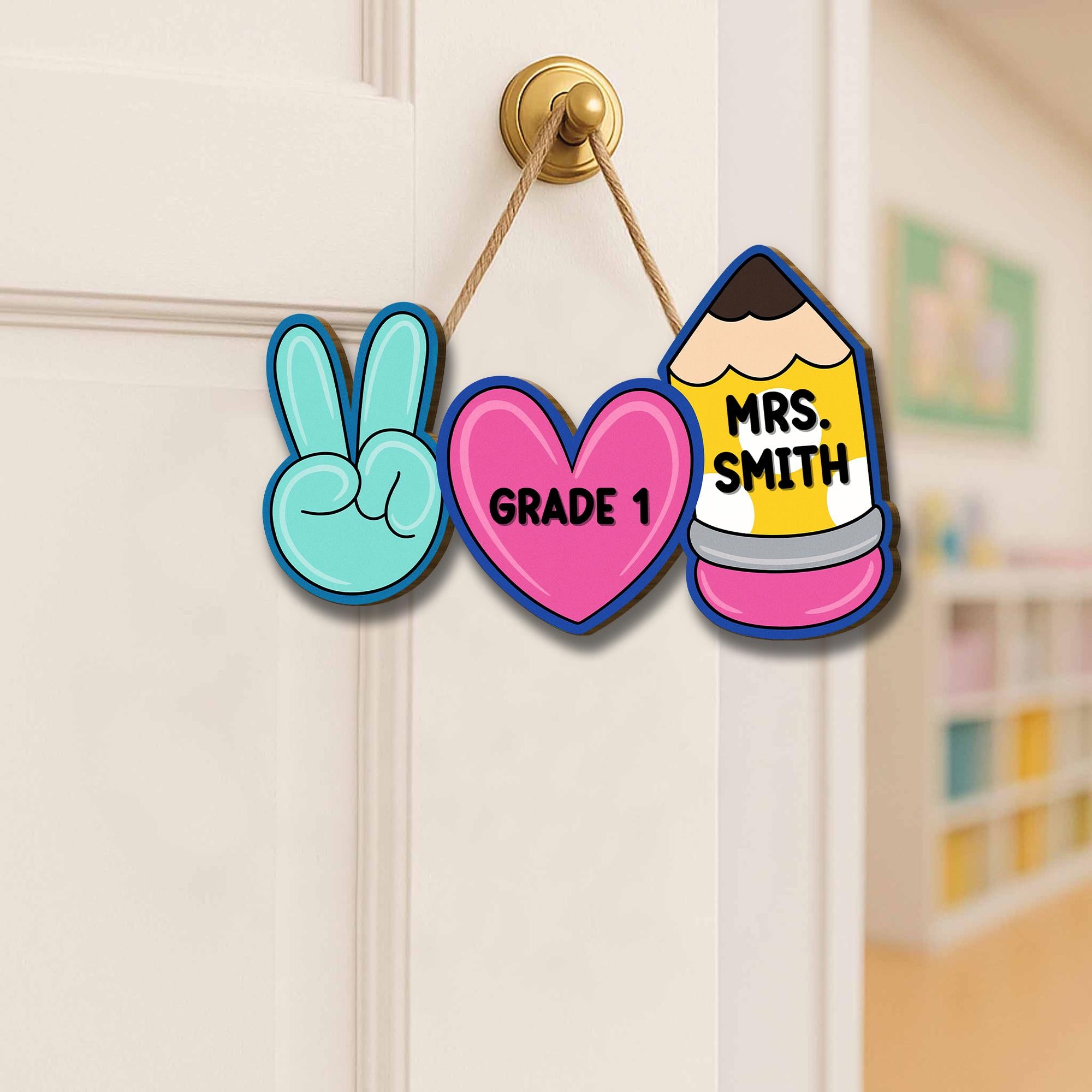 Peace Love School Teacher Door Sign. Personalized Pencil Classroom Decor for Teacher, Back to School Gift for Elementary Teachers, Educators