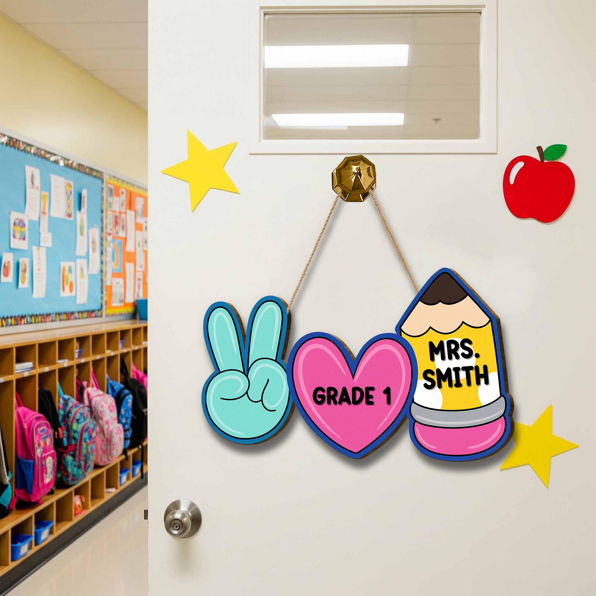 Peace Love School Teacher Door Sign. Personalized Pencil Classroom Decor for Teacher, Back to School Gift for Elementary Teachers, Educators