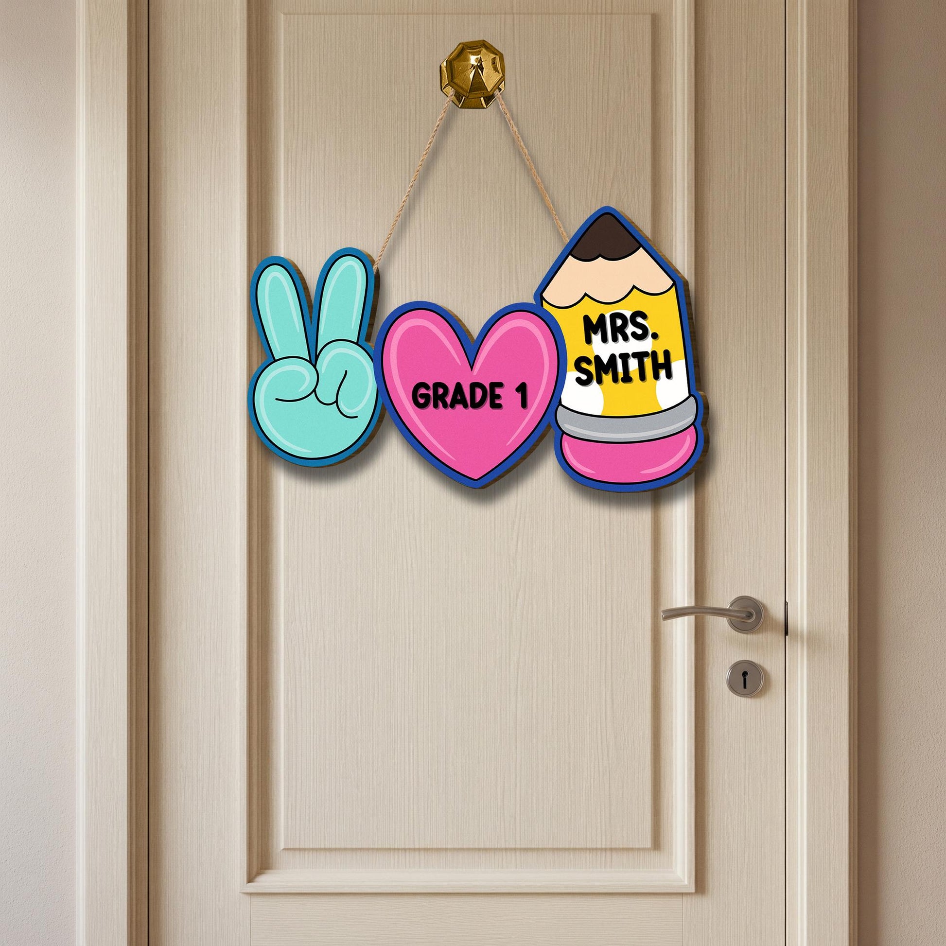 Peace Love School Teacher Door Sign. Personalized Pencil Classroom Decor for Teacher, Back to School Gift for Elementary Teachers, Educators