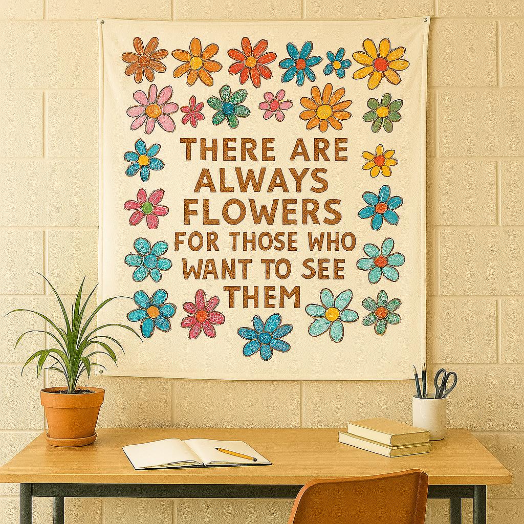 Inspirational Quote Tapestry - There Are Always Flowers Wall Hanging - Boho Floral Dorm Decor - Motivational Art for Bedroom or Office