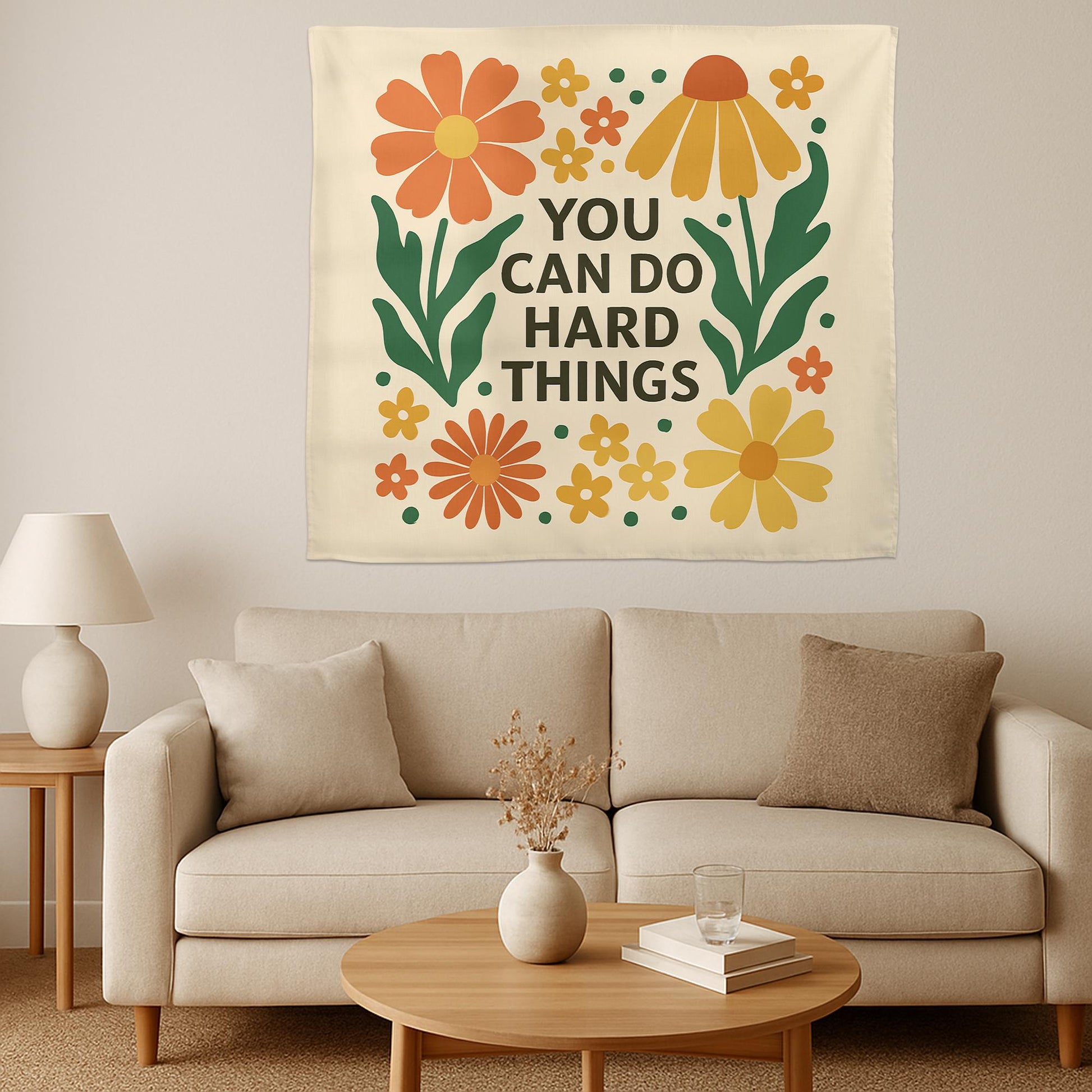You Can Do Hard Things Tapestry - Motivational Floral Wall Hanging - Boho Positive Quote Banner for Dorm, Office or Bedroom Decor