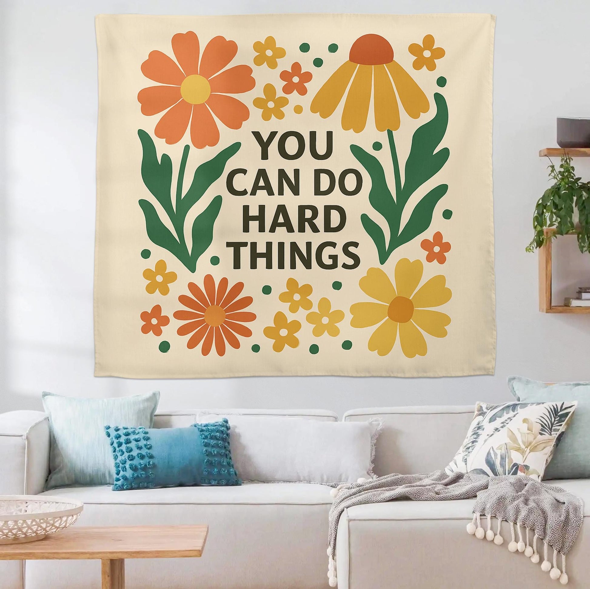 You Can Do Hard Things Tapestry - Motivational Floral Wall Hanging - Boho Positive Quote Banner for Dorm, Office or Bedroom Decor