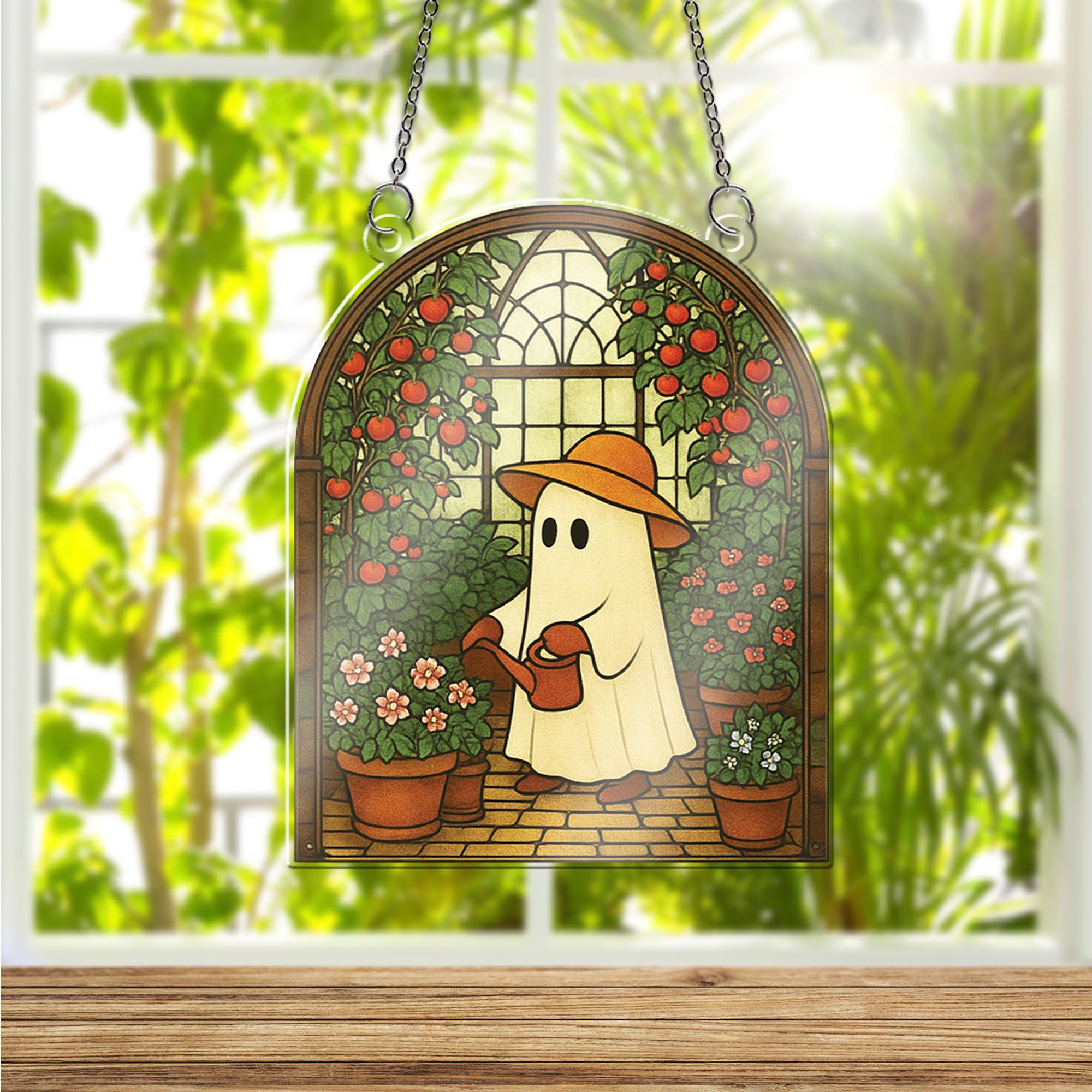 Cute Ghost Garden Acrylic Window Hanging - Halloween decor - Cottagecore Greenhouse Ghost Decor - Spooky Kawaii Window Art