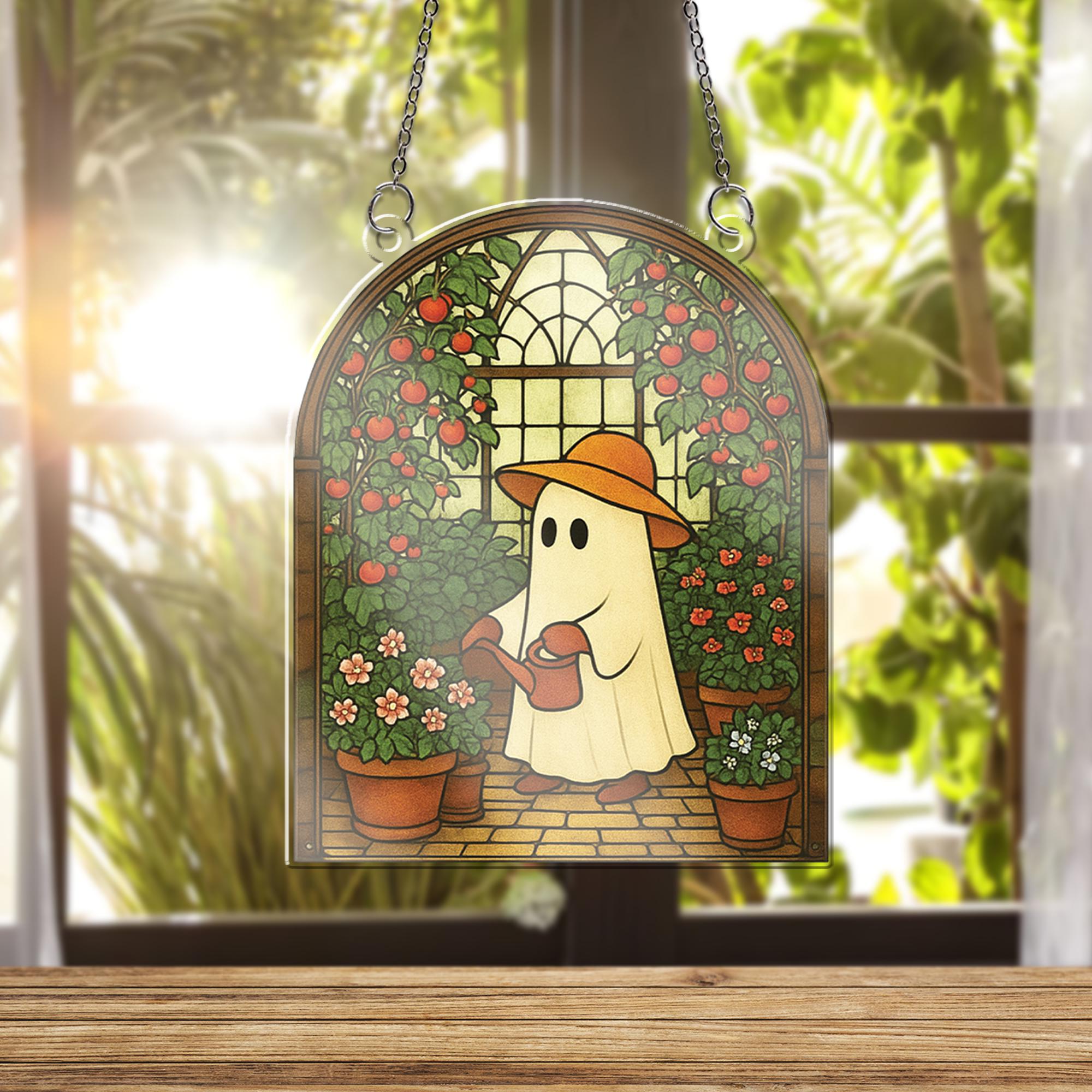 Cute Ghost Garden Acrylic Window Hanging - Halloween decor - Cottagecore Greenhouse Ghost Decor - Spooky Kawaii Window Art