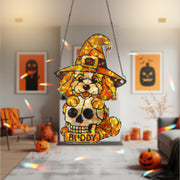 Custom Dog Halloween Suncatcher - Personalized Pet Name & Breed Window Decor - Holographic Witch Puppy Skull Acrylic Sun Catcher Gift