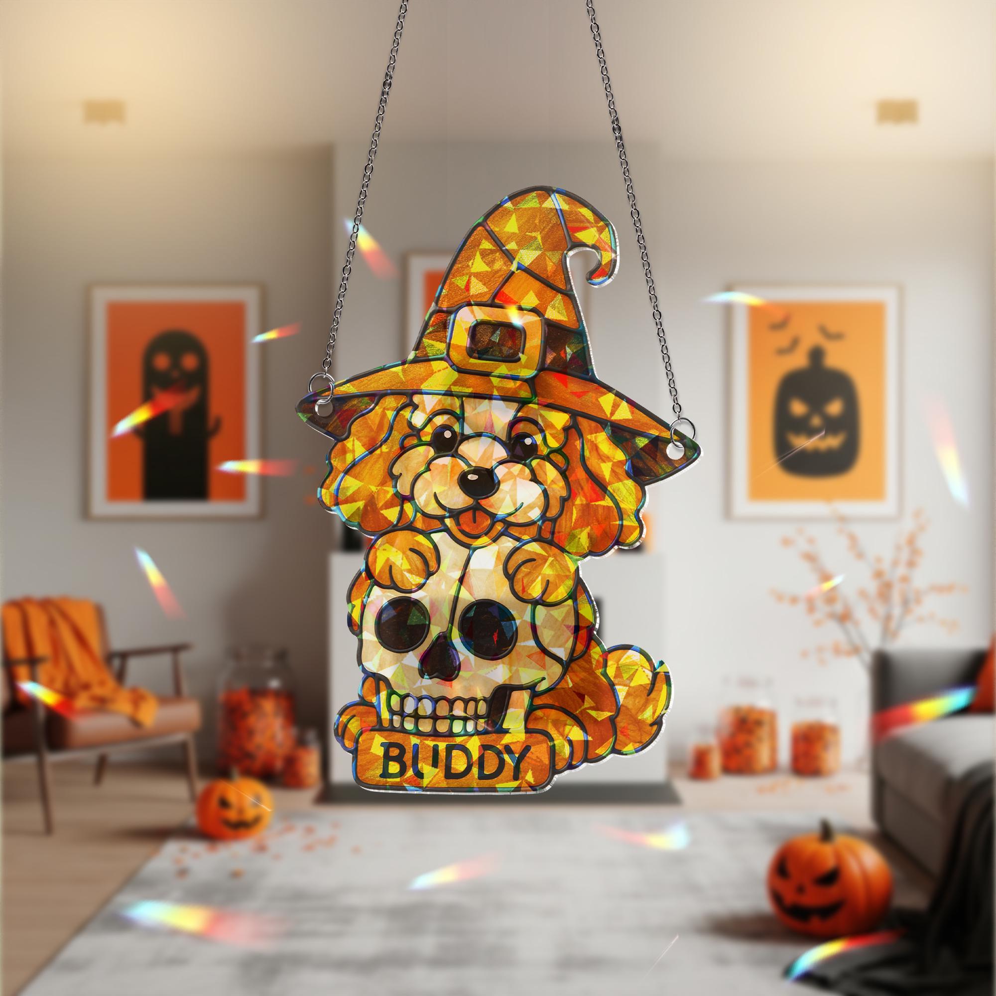 Custom Dog Halloween Suncatcher - Personalized Pet Name & Breed Window Decor - Holographic Witch Puppy Skull Acrylic Sun Catcher Gift