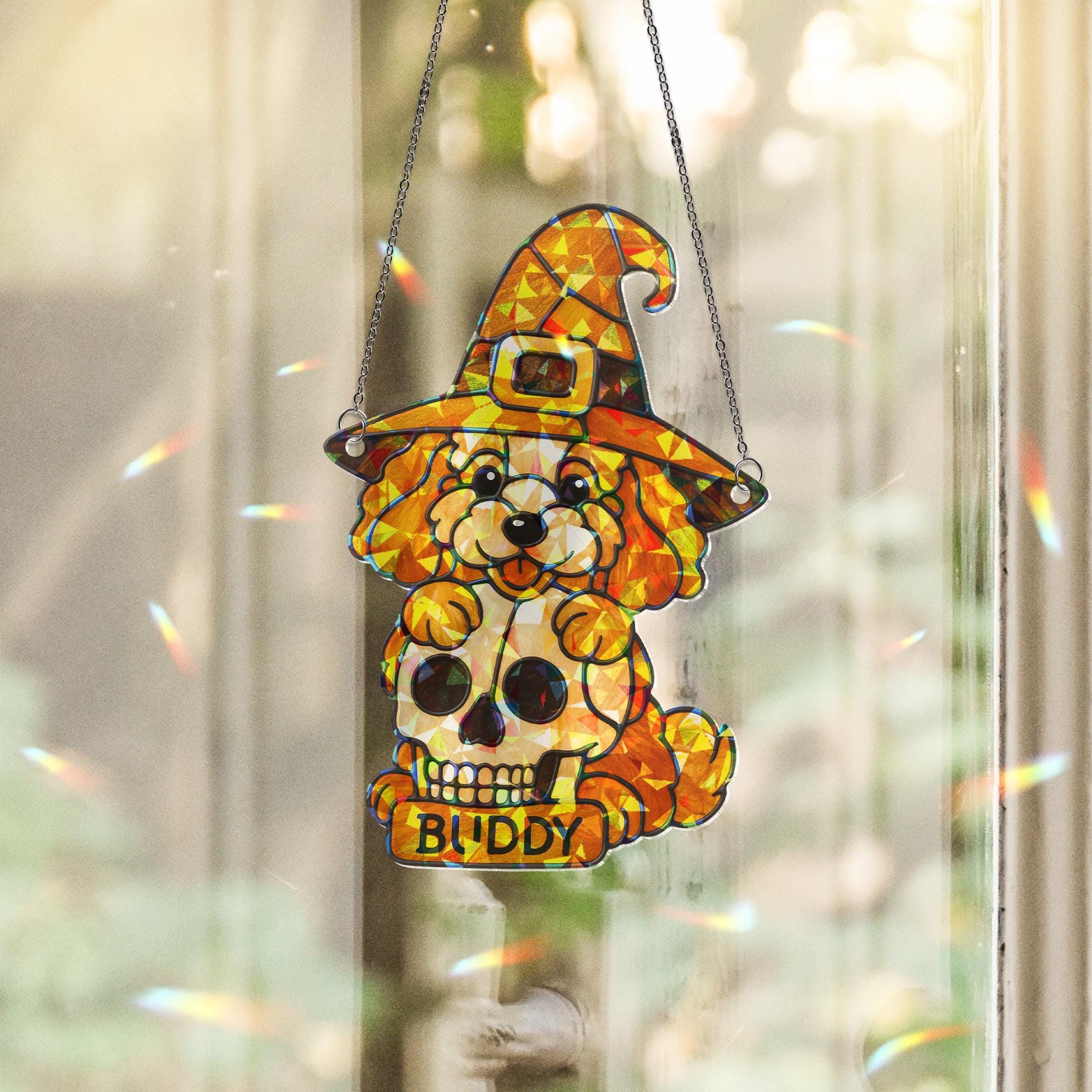 Custom Dog Halloween Suncatcher - Personalized Pet Name & Breed Window Decor - Holographic Witch Puppy Skull Acrylic Sun Catcher Gift