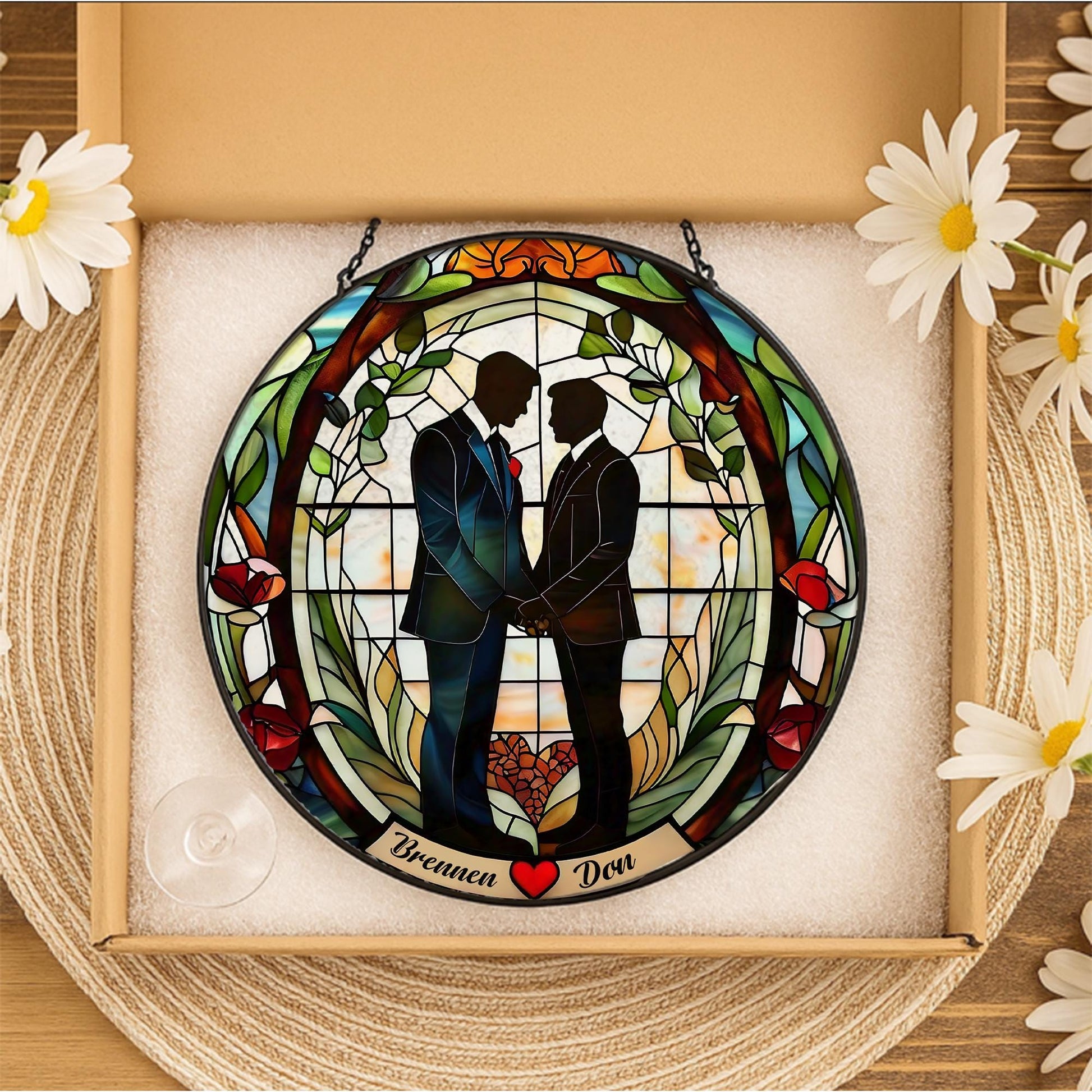 Custom Gay Couple Wedding Suncatcher - Personalized LGBTQ+ Glass Window Hanging - Romantic Gift for Grooms or Anniversary