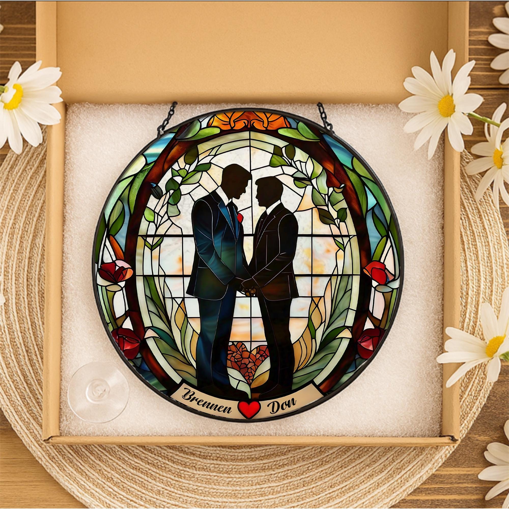 Custom Gay Couple Wedding Suncatcher - Personalized LGBTQ+ Glass Window Hanging - Romantic Gift for Grooms or Anniversary