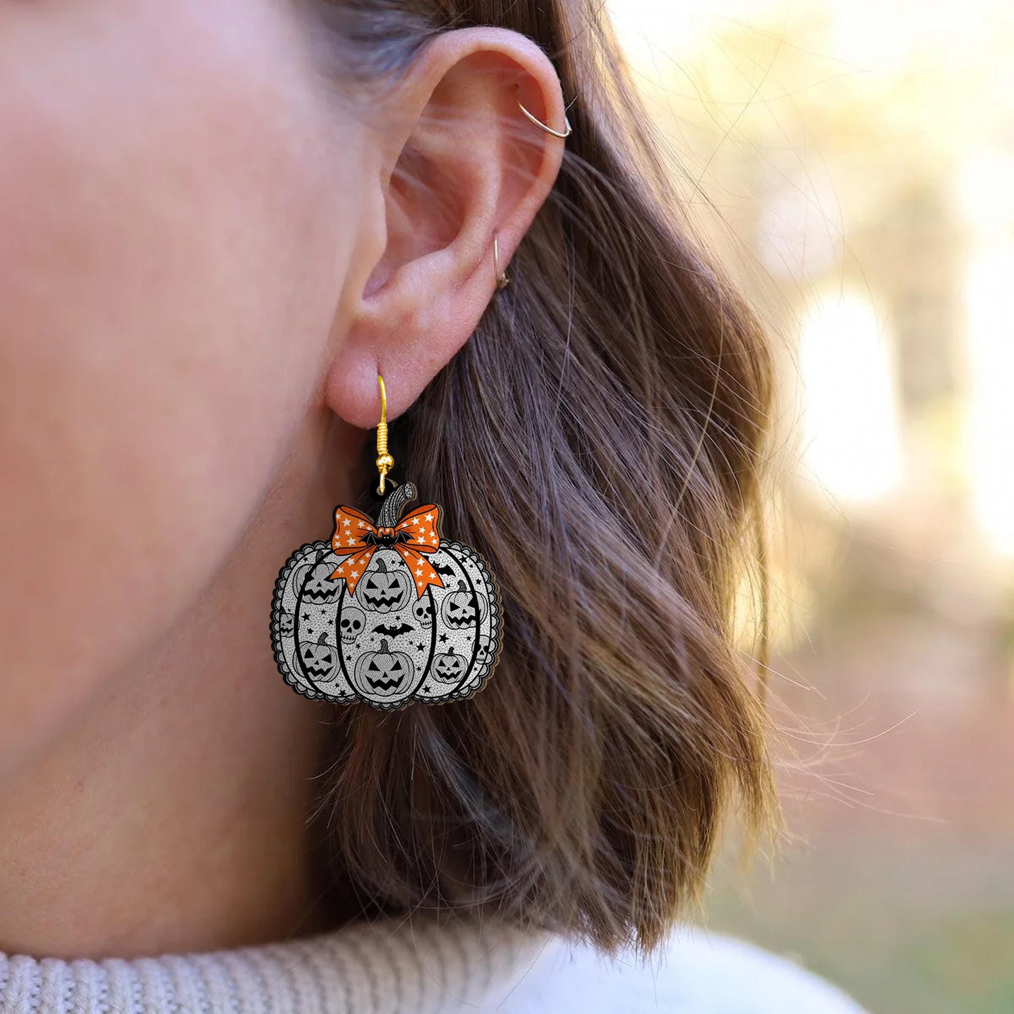 Halloween Pumpkin Earrings with Bats, Skulls – Spooky Cute Fall Jewelry with Orange Bow, Gothic Style Halloween Accessories, Pumpkin Jewelry