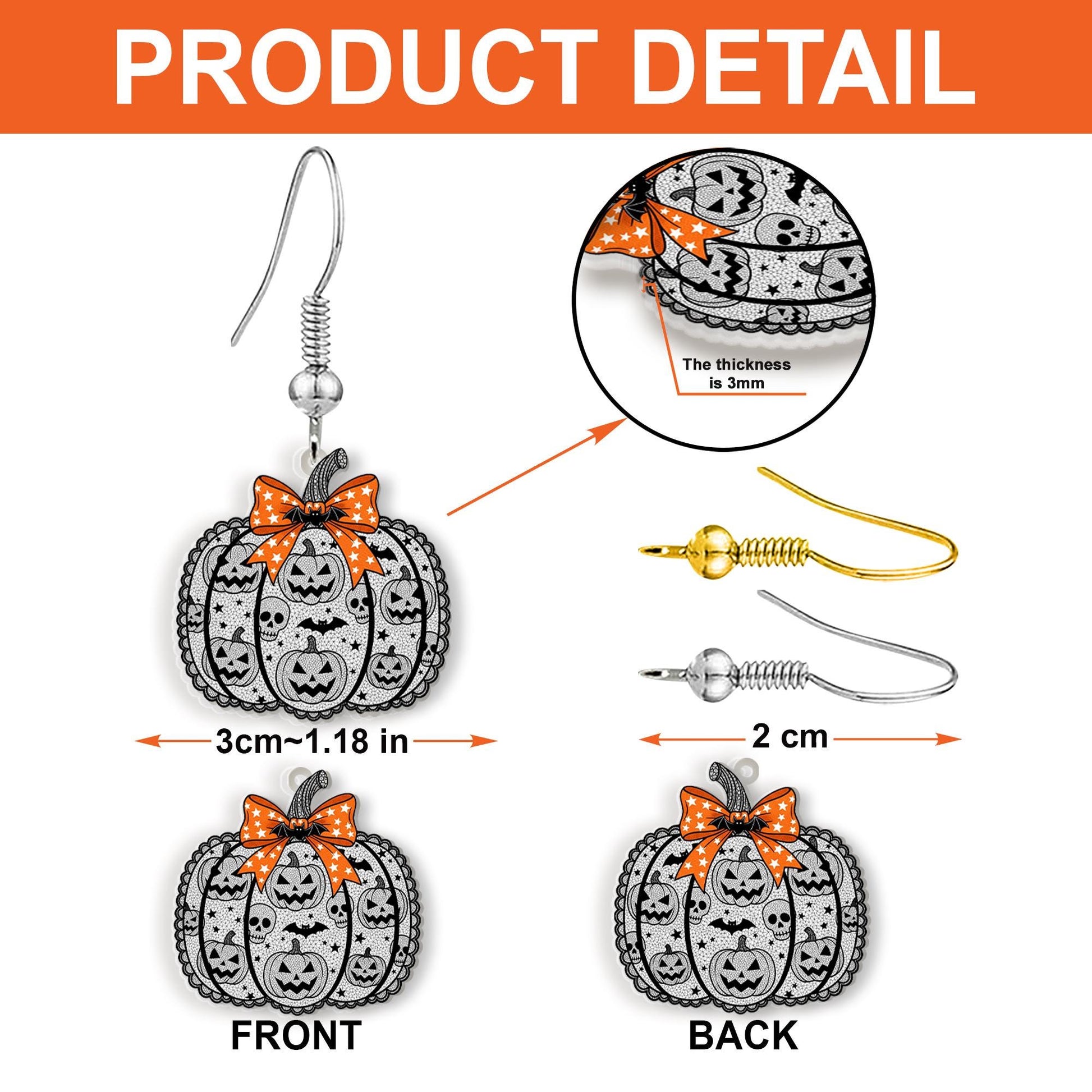Halloween Pumpkin Earrings with Bats, Skulls – Spooky Cute Fall Jewelry with Orange Bow, Gothic Style Halloween Accessories, Pumpkin Jewelry