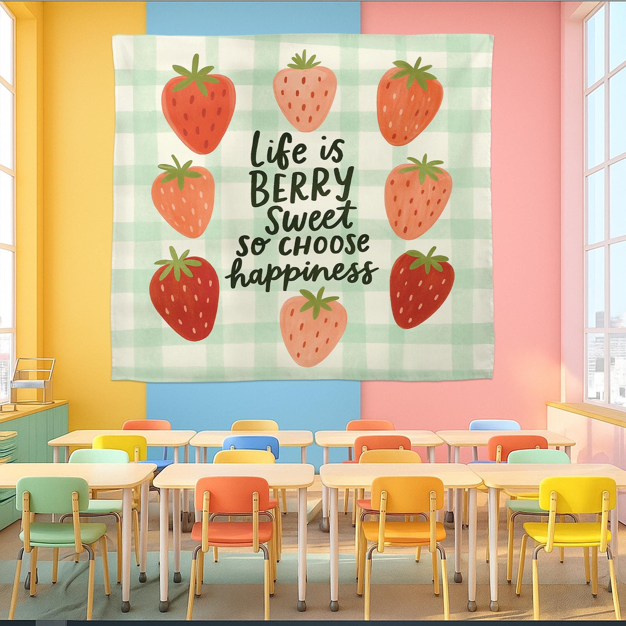 Life is Berry Sweet Tapestry – Strawberry Classroom Wall Decor, Choose Happiness Banner, Cute Teacher Motivational Wall Art, Kids Room Art