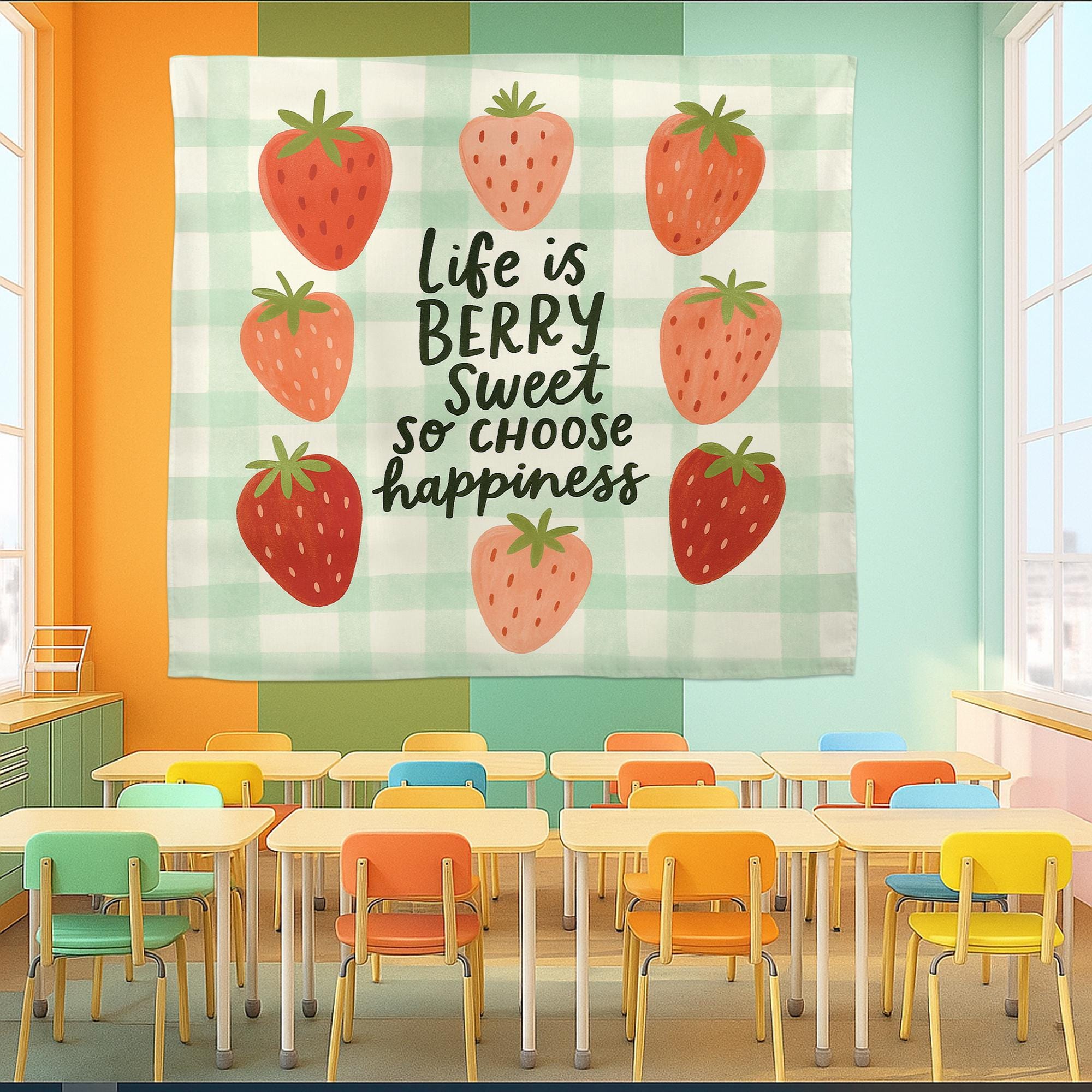 Life is Berry Sweet Tapestry – Strawberry Classroom Wall Decor, Choose Happiness Banner, Cute Teacher Motivational Wall Art, Kids Room Art