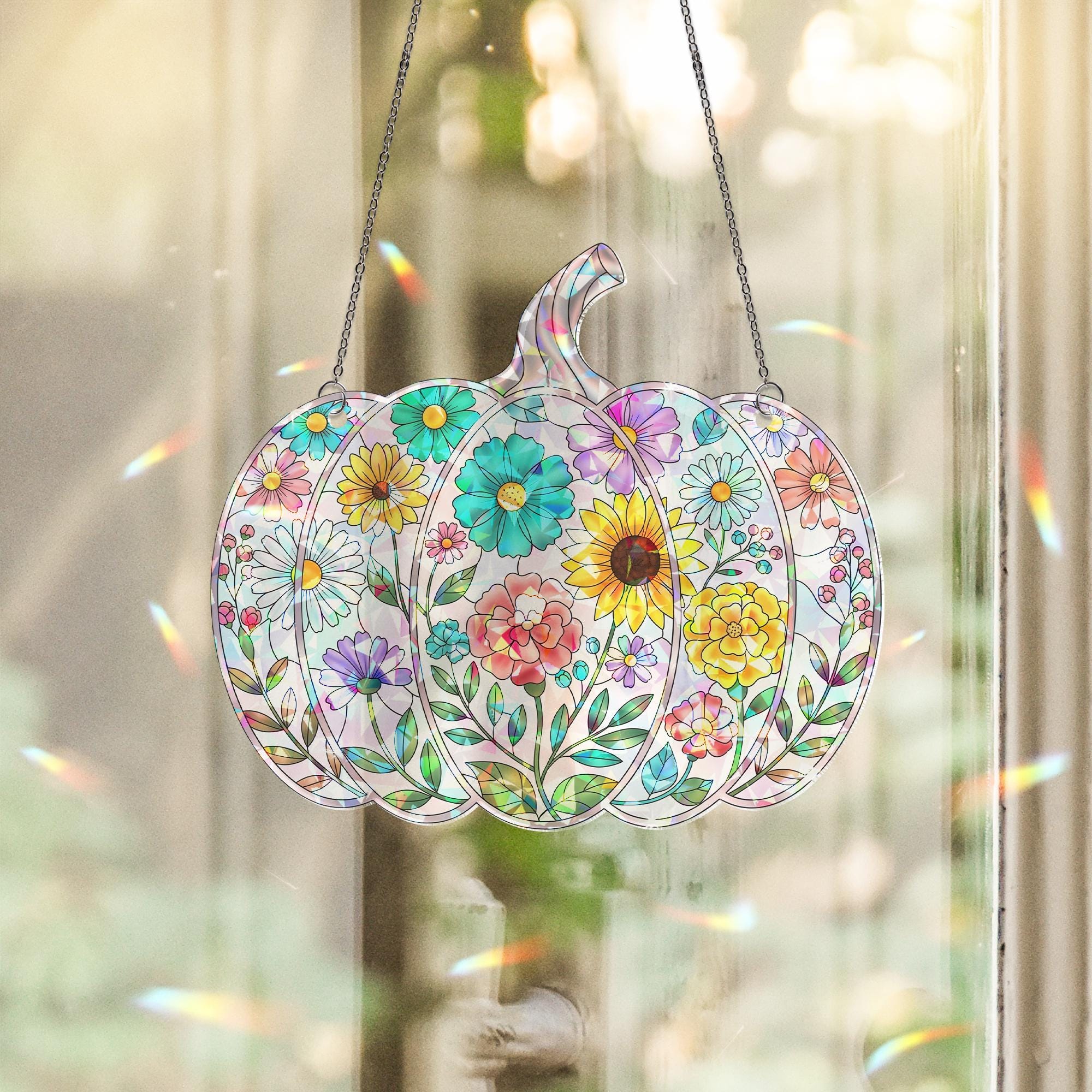 Floral Pumpkin Suncatcher, Fall Halloween Window Hanging, Stained Glass Style Ornament, Autumn Floral Decor, Jack-O'-Lantern Art