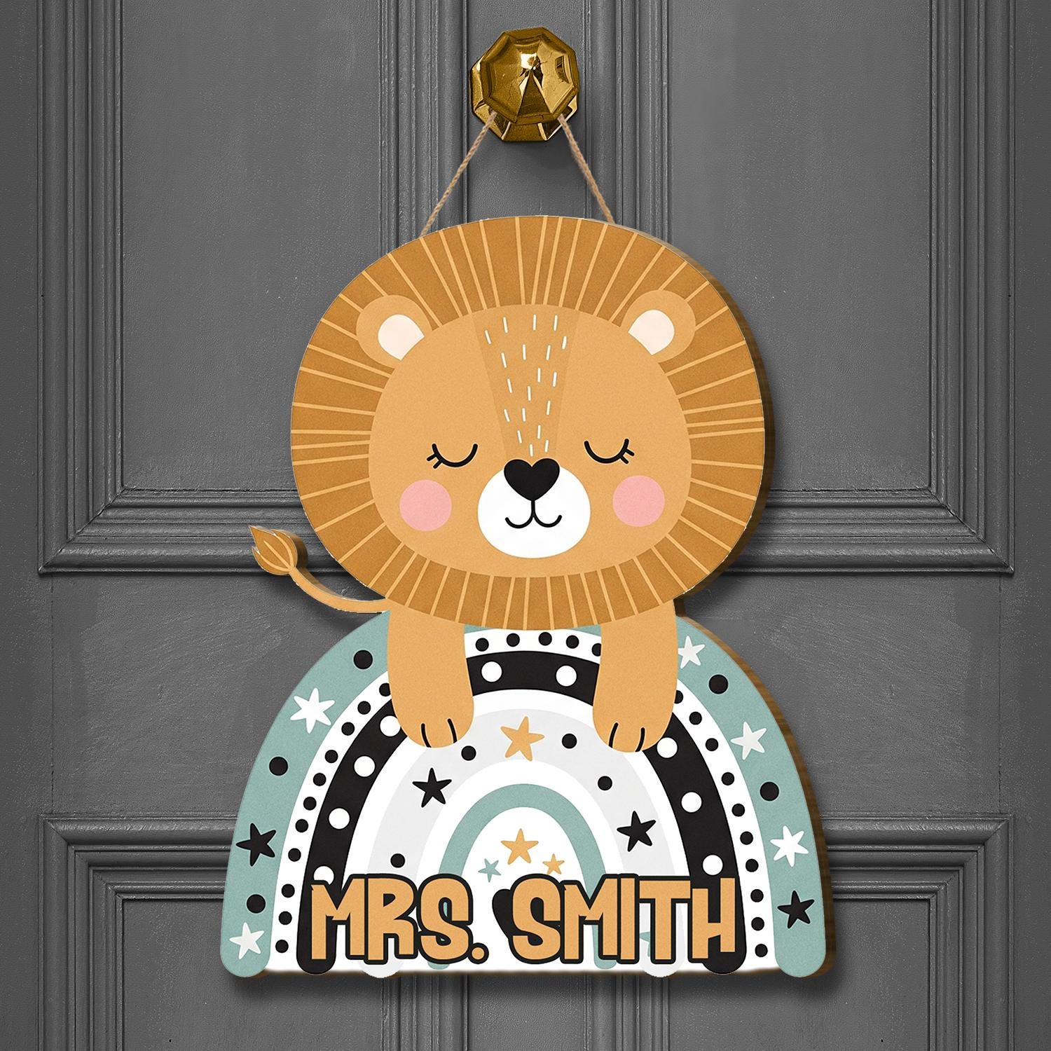 Personalized Lion Door Hanger, Custom Teacher Name Sign, Jungle Classroom Decor, Kid Room Wall Sign, Cute Animal Rainbow Plaque, Class Decor