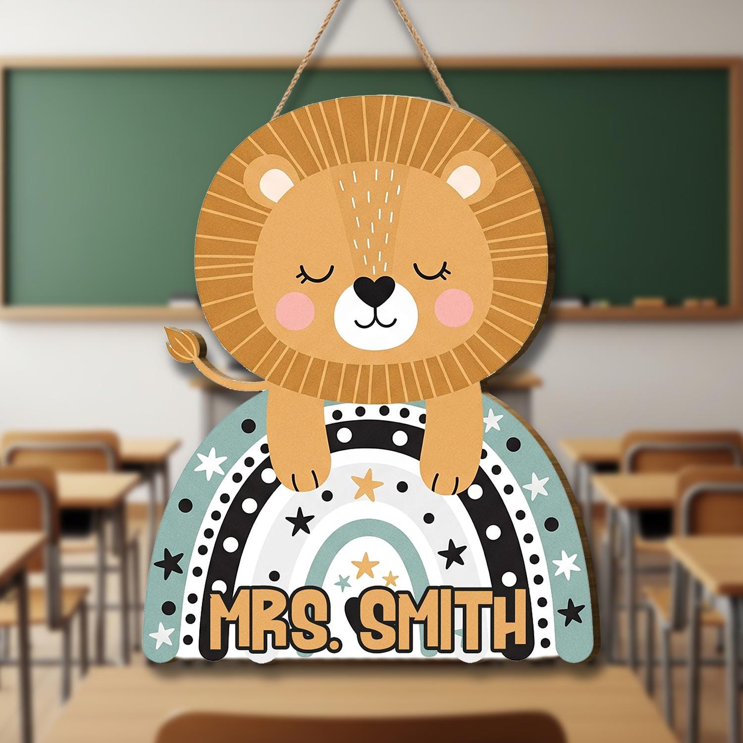 Personalized Lion Door Hanger, Custom Teacher Name Sign, Jungle Classroom Decor, Kid Room Wall Sign, Cute Animal Rainbow Plaque, Class Decor