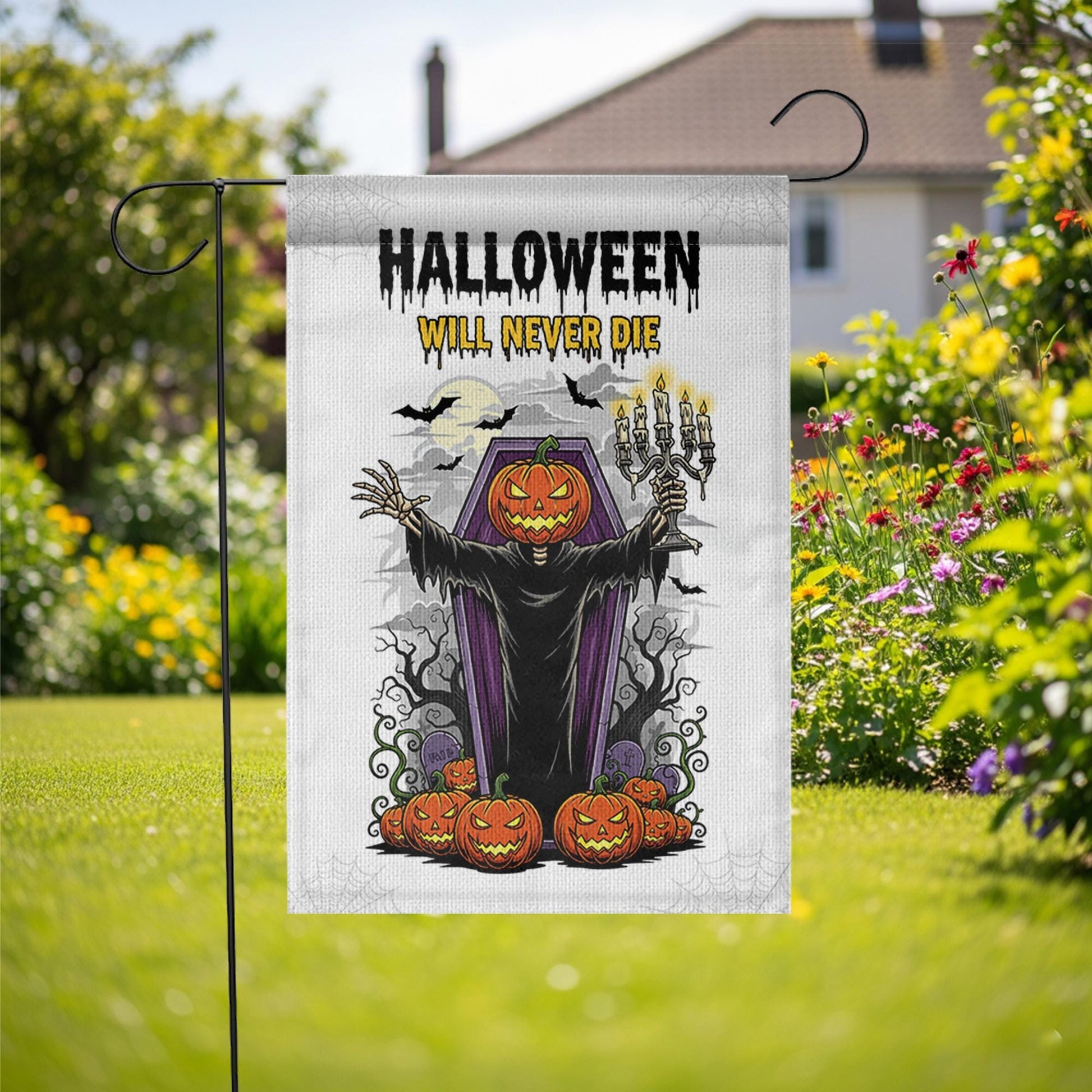 Halloween Garden Flag, Pumpkin Head Grim Reaper Decor, Spooky Yard Banner, Scary Outdoor Sign, Halloween Will Never Die Flag