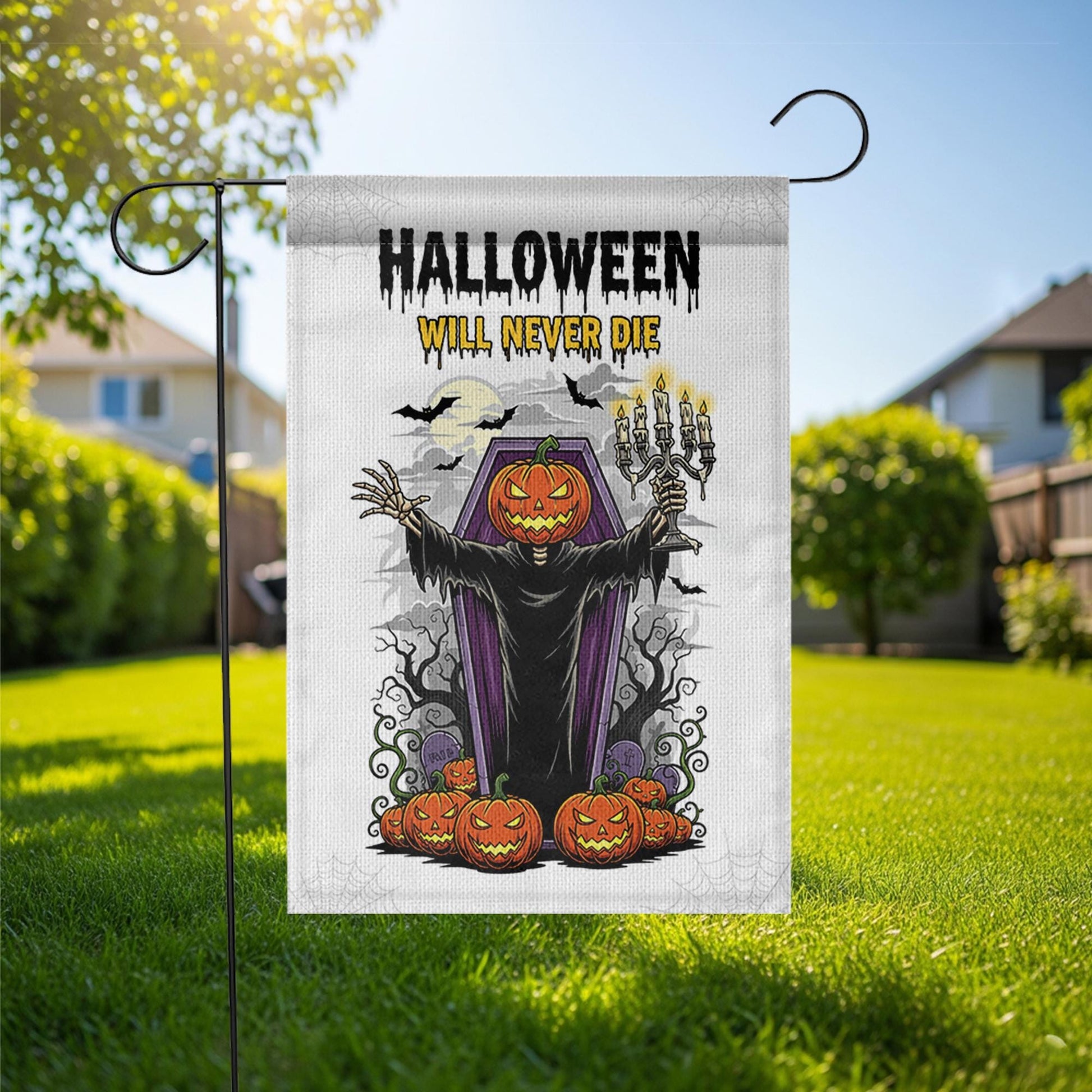 Halloween Garden Flag, Pumpkin Head Grim Reaper Decor, Spooky Yard Banner, Scary Outdoor Sign, Halloween Will Never Die Flag
