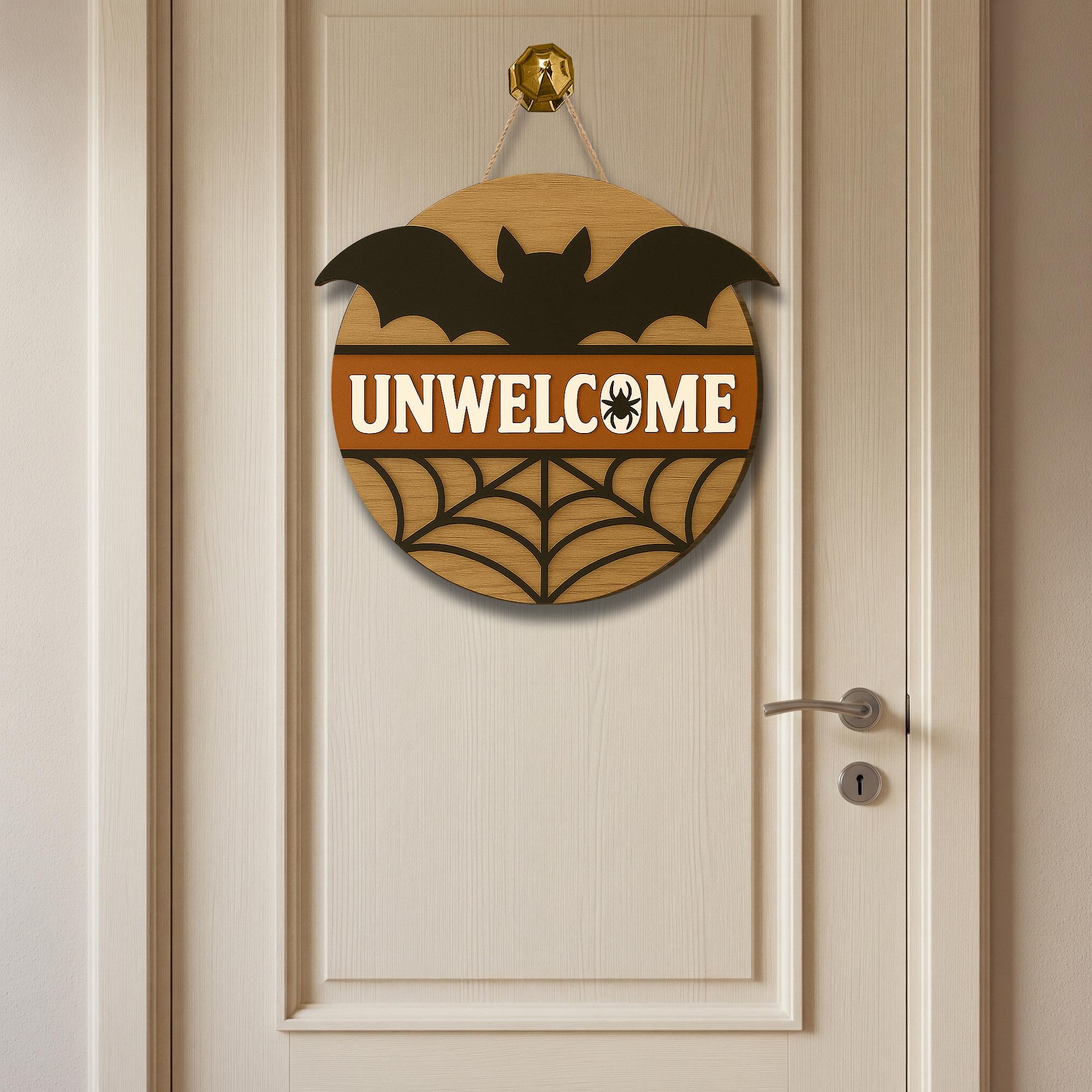 Halloween Door Hanger, Funny Unwelcome Sign, Bat Spider Web Decor, Rustic Fall Door Sign, Spooky Classroom Wall Hanging