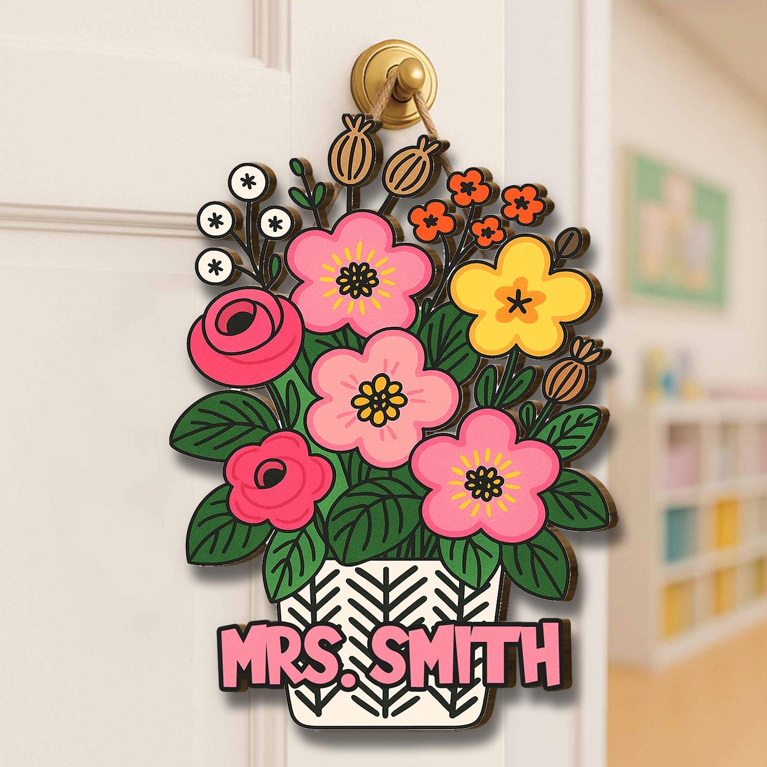 Personalized Teacher Door Hanger, Custom Floral Name Sign, Classroom Door Decor, Back to School Gift, Teacher Appreciation Sign