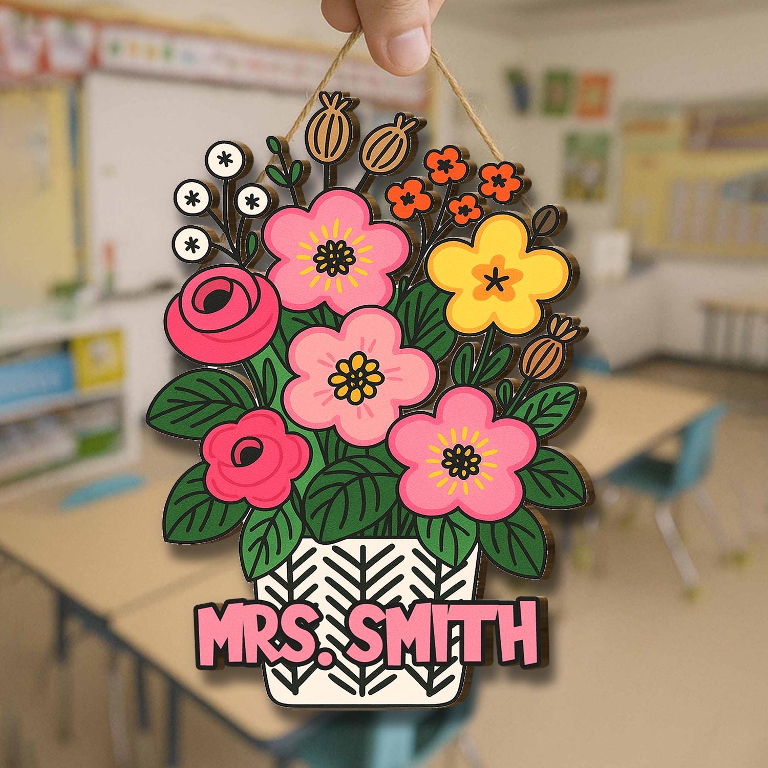 Personalized Teacher Door Hanger, Custom Floral Name Sign, Classroom Door Decor, Back to School Gift, Teacher Appreciation Sign