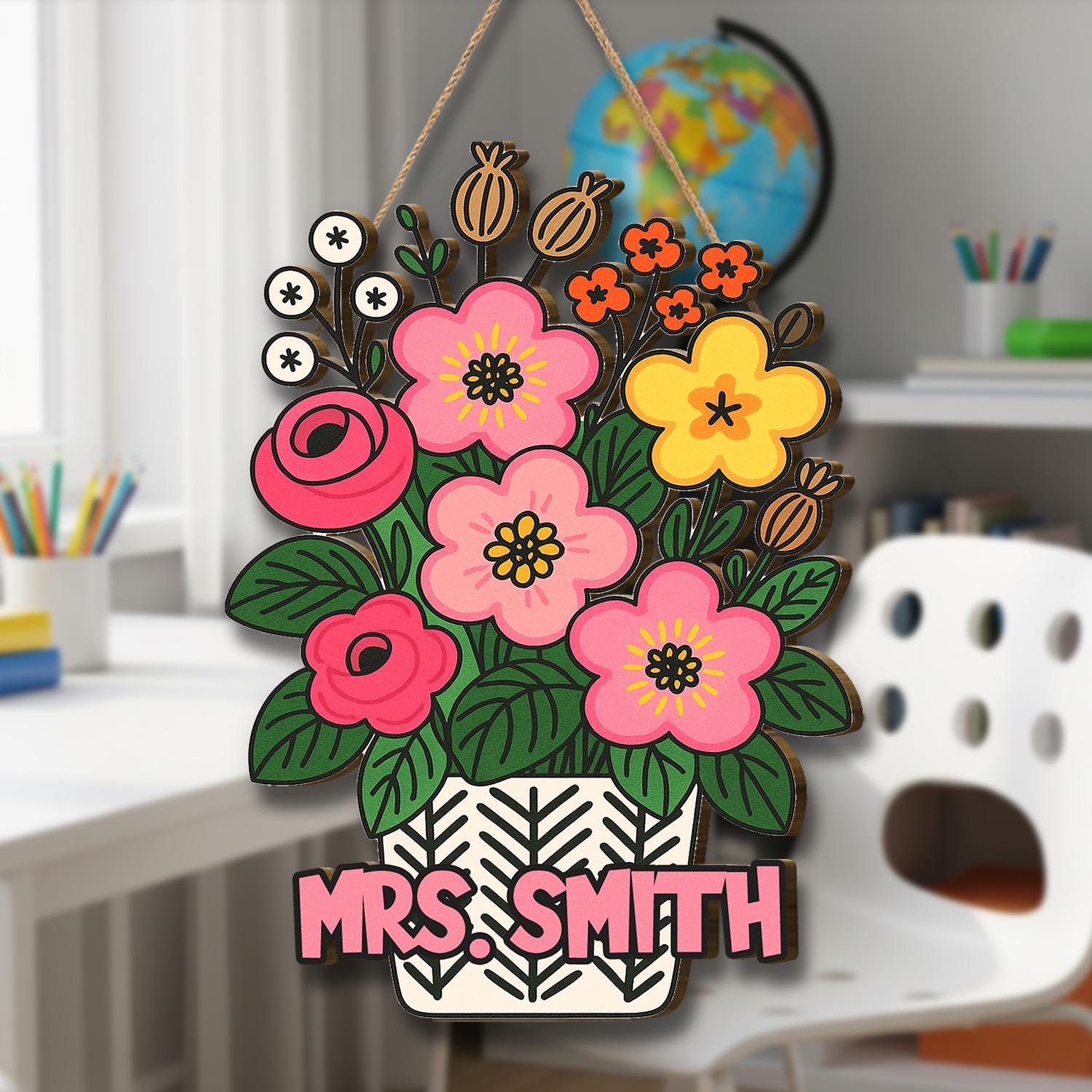 Personalized Teacher Door Hanger, Custom Floral Name Sign, Classroom Door Decor, Back to School Gift, Teacher Appreciation Sign
