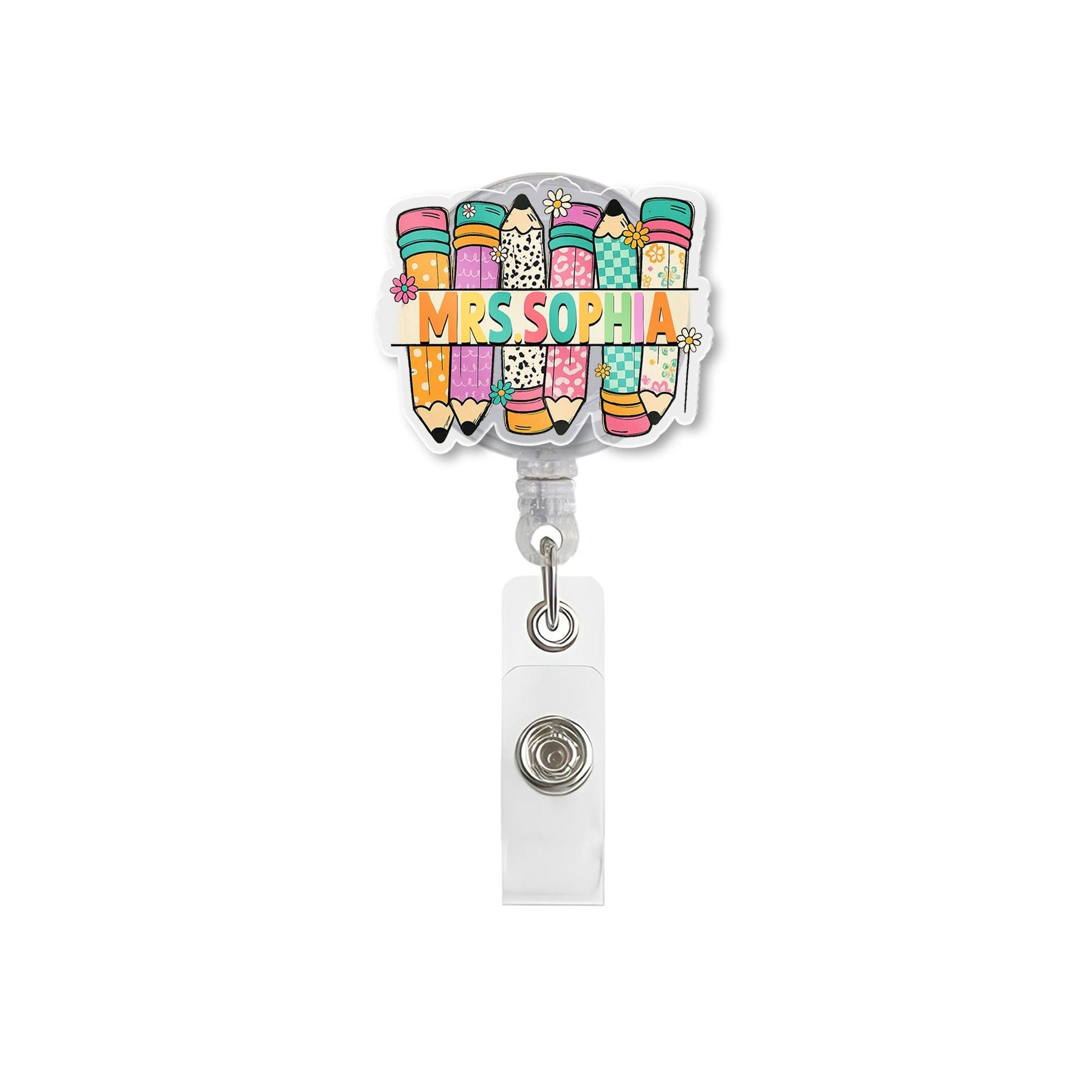 Custom Teacher Badge Reel, Personalized Pencil ID Holder, Cute Retractable Name Tag Clip, Gift for Educators, Nurse or Staff