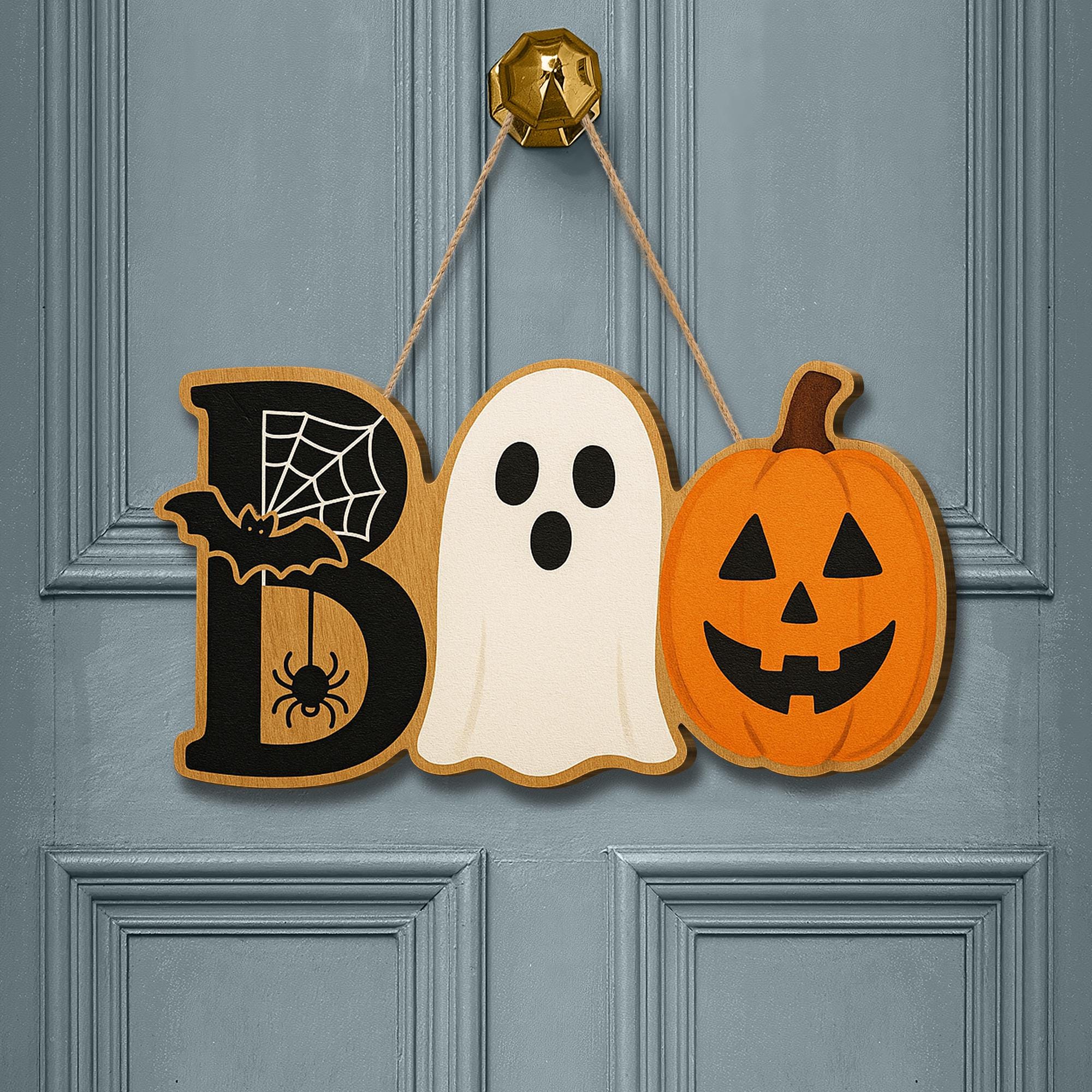 Boo Halloween Wooden Sign, Ghost Pumpkin Bat Door Hanger, Spooky Fall Decor, Front Door Sign, Cute Halloween Wall Decoration