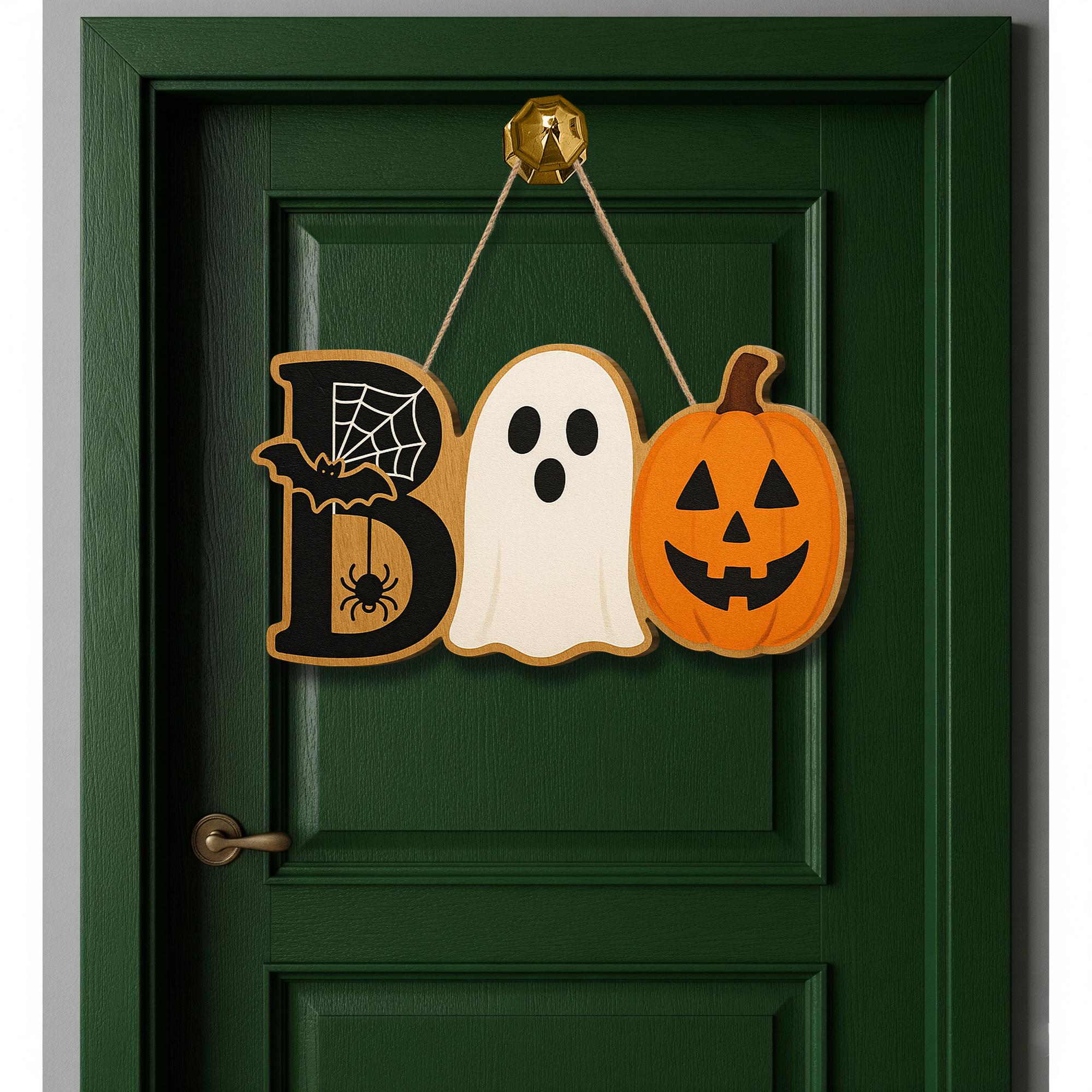Boo Halloween Wooden Sign, Ghost Pumpkin Bat Door Hanger, Spooky Fall Decor, Front Door Sign, Cute Halloween Wall Decoration
