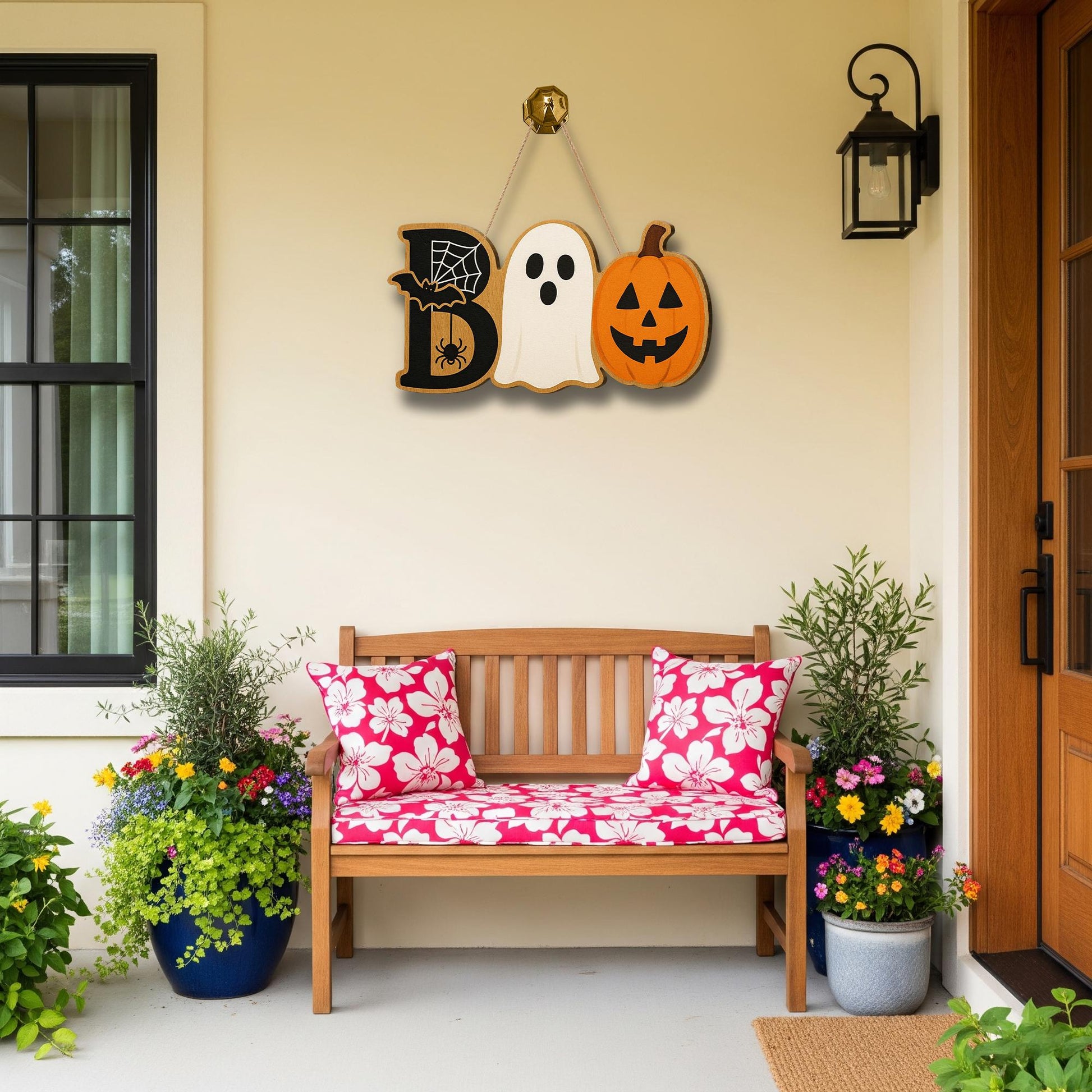 Boo Halloween Wooden Sign, Ghost Pumpkin Bat Door Hanger, Spooky Fall Decor, Front Door Sign, Cute Halloween Wall Decoration