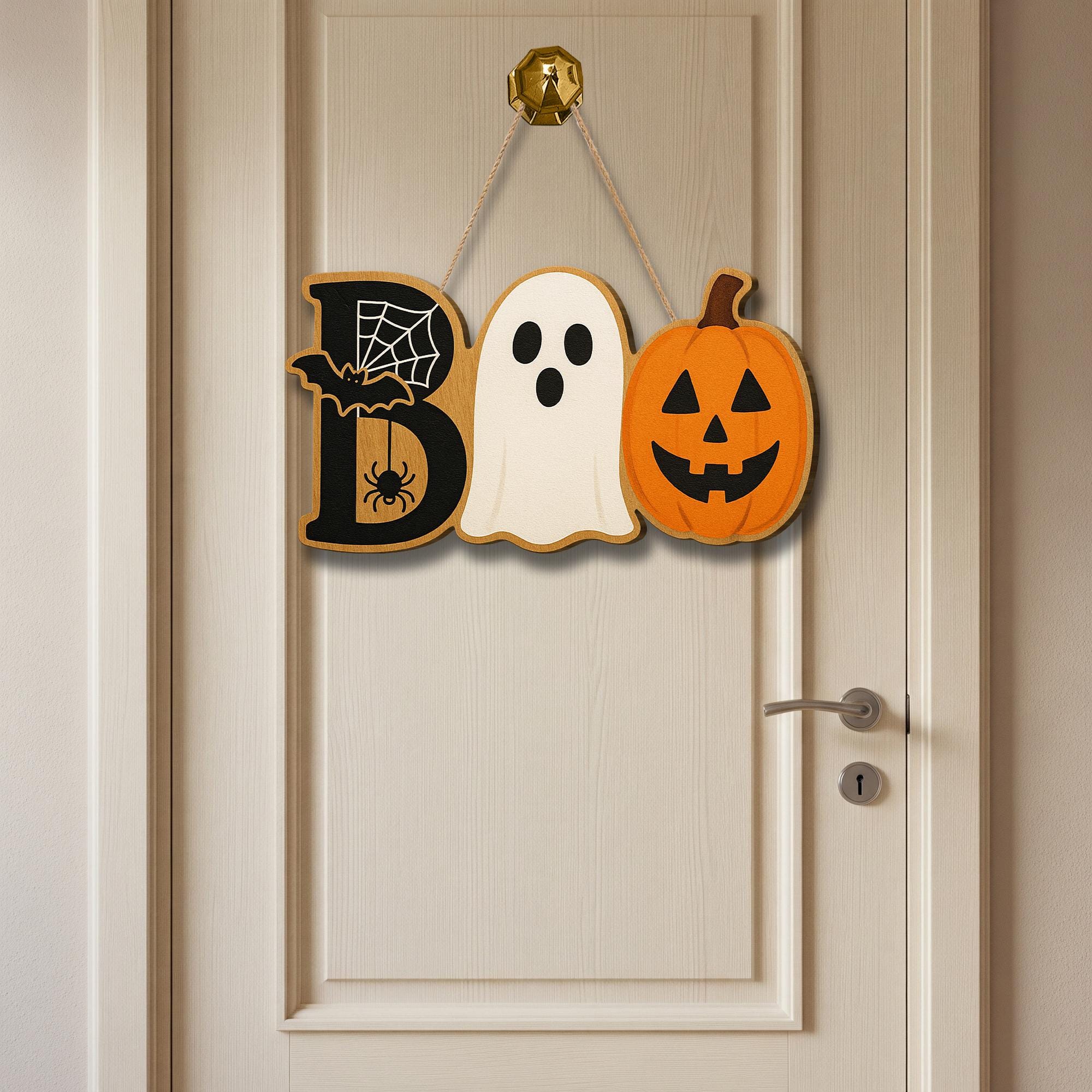 Boo Halloween Wooden Sign, Ghost Pumpkin Bat Door Hanger, Spooky Fall Decor, Front Door Sign, Cute Halloween Wall Decoration