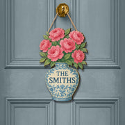Chinoiserie Flower Vase Wooden Sign, Personalized Family Name Door Hanger, Floral Welcome Sign,Custom Home Entryway Decor,Elegant Door Decor