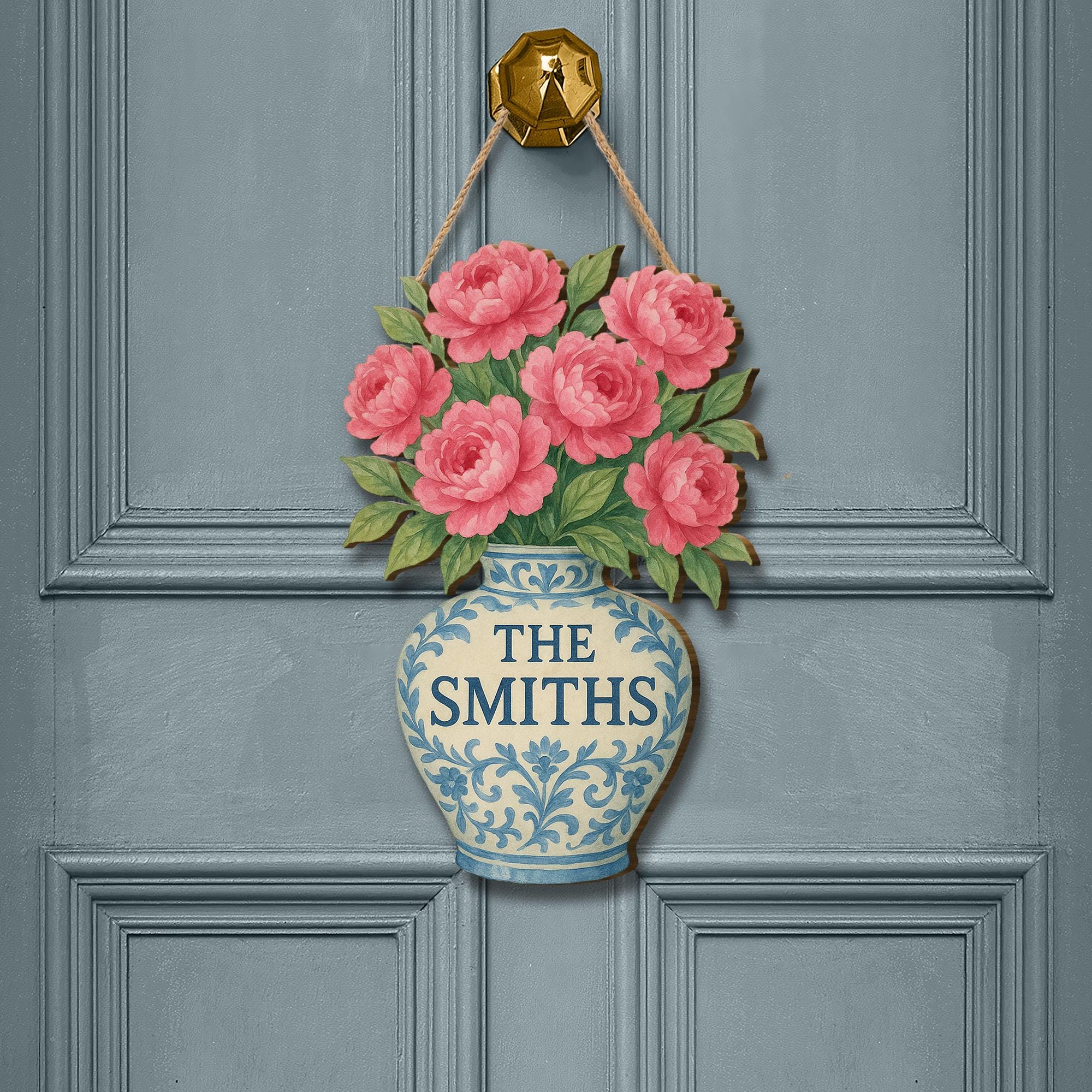 Chinoiserie Flower Vase Wooden Sign, Personalized Family Name Door Hanger, Floral Welcome Sign,Custom Home Entryway Decor,Elegant Door Decor