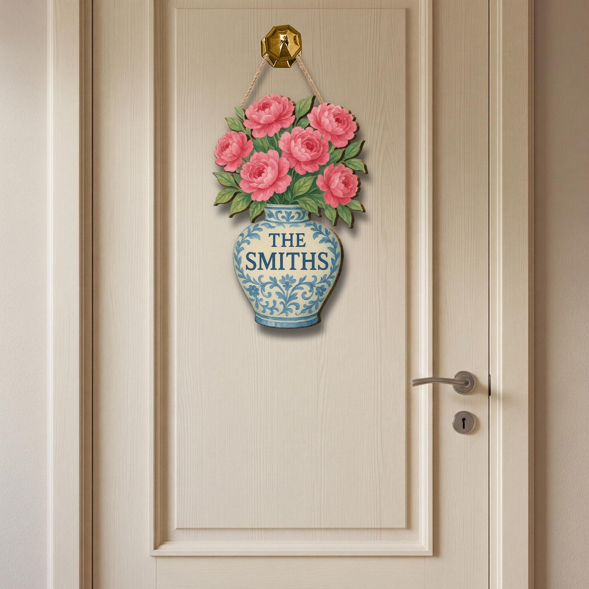 Chinoiserie Flower Vase Wooden Sign, Personalized Family Name Door Hanger, Floral Welcome Sign,Custom Home Entryway Decor,Elegant Door Decor