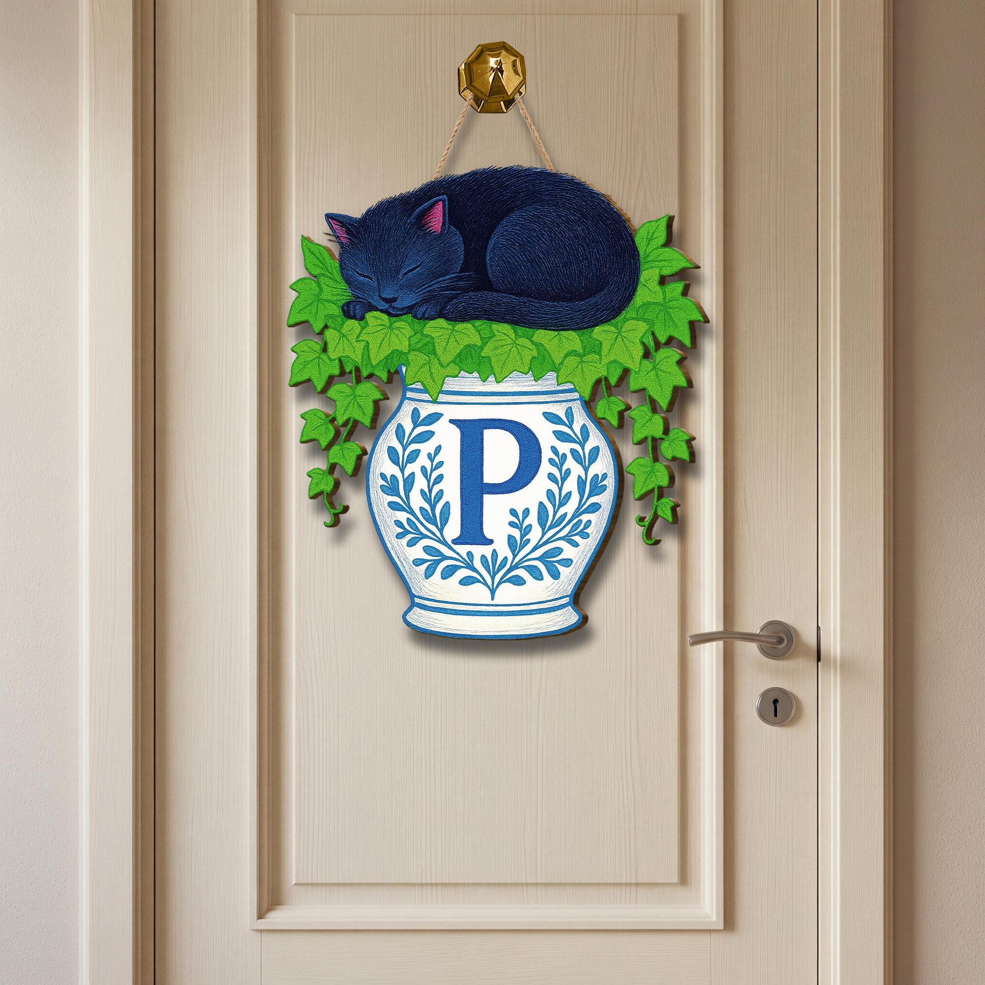 Personalized Cat Door Hanger – Monogram Black Cat Sign with Ivy and Vase, Cozy Blue Chinoserie Cottagecore Decor, Custom Letter Wall Hanging