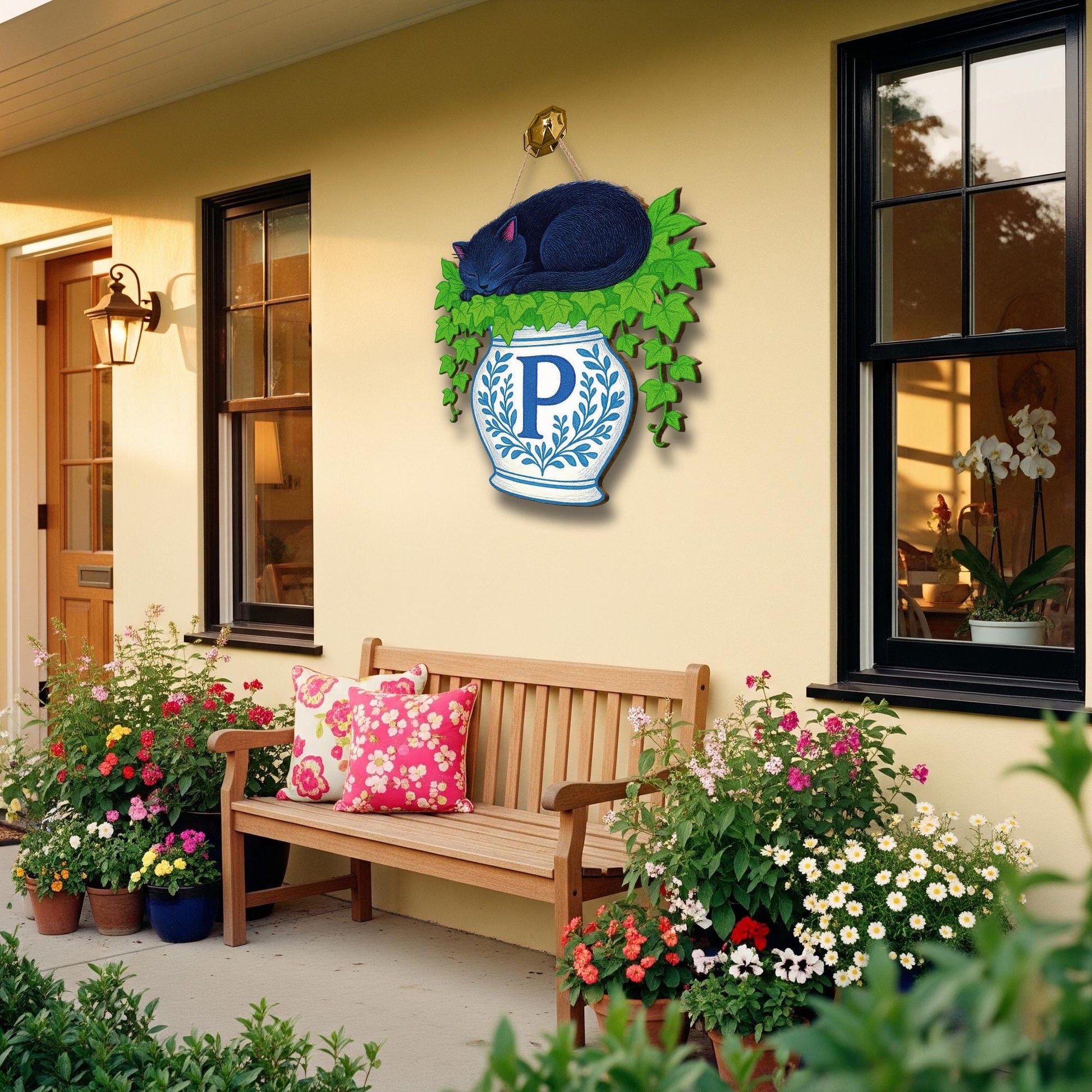 Personalized Cat Door Hanger – Monogram Black Cat Sign with Ivy and Vase, Cozy Blue Chinoserie Cottagecore Decor, Custom Letter Wall Hanging