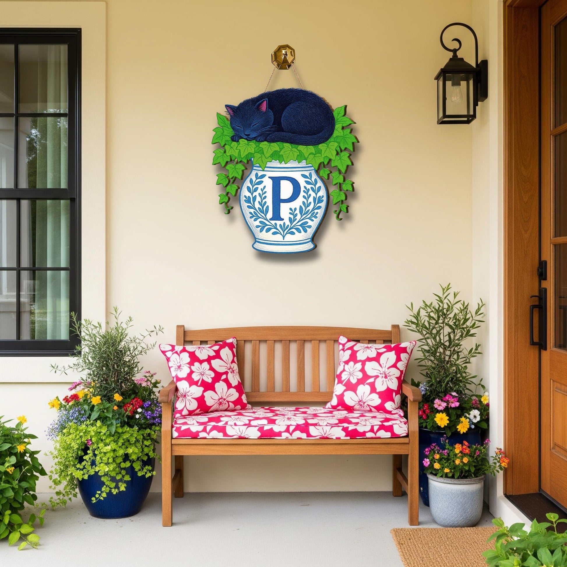 Personalized Cat Door Hanger – Monogram Black Cat Sign with Ivy and Vase, Cozy Blue Chinoserie Cottagecore Decor, Custom Letter Wall Hanging