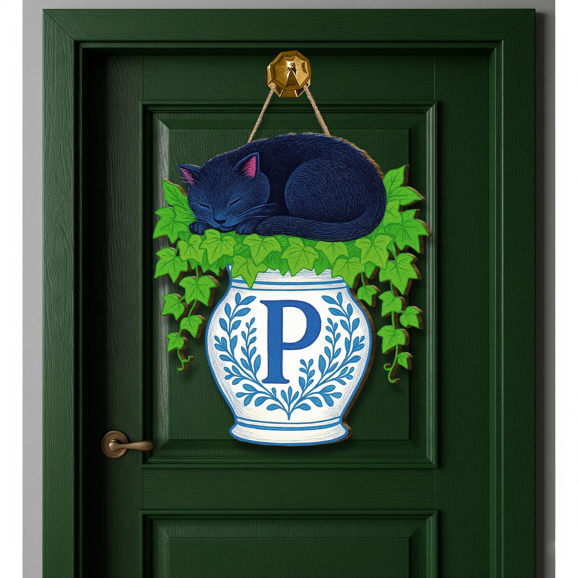 Personalized Cat Door Hanger – Monogram Black Cat Sign with Ivy and Vase, Cozy Blue Chinoserie Cottagecore Decor, Custom Letter Wall Hanging