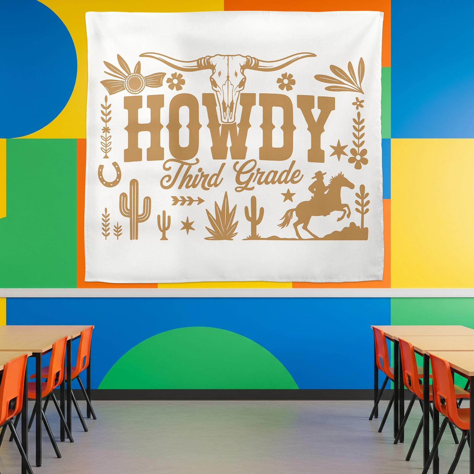 Howdy Third Grade Classroom Tapestry – Western Cowboy Theme Wall Decor, Back to School Sign, Personalized Teacher Banner