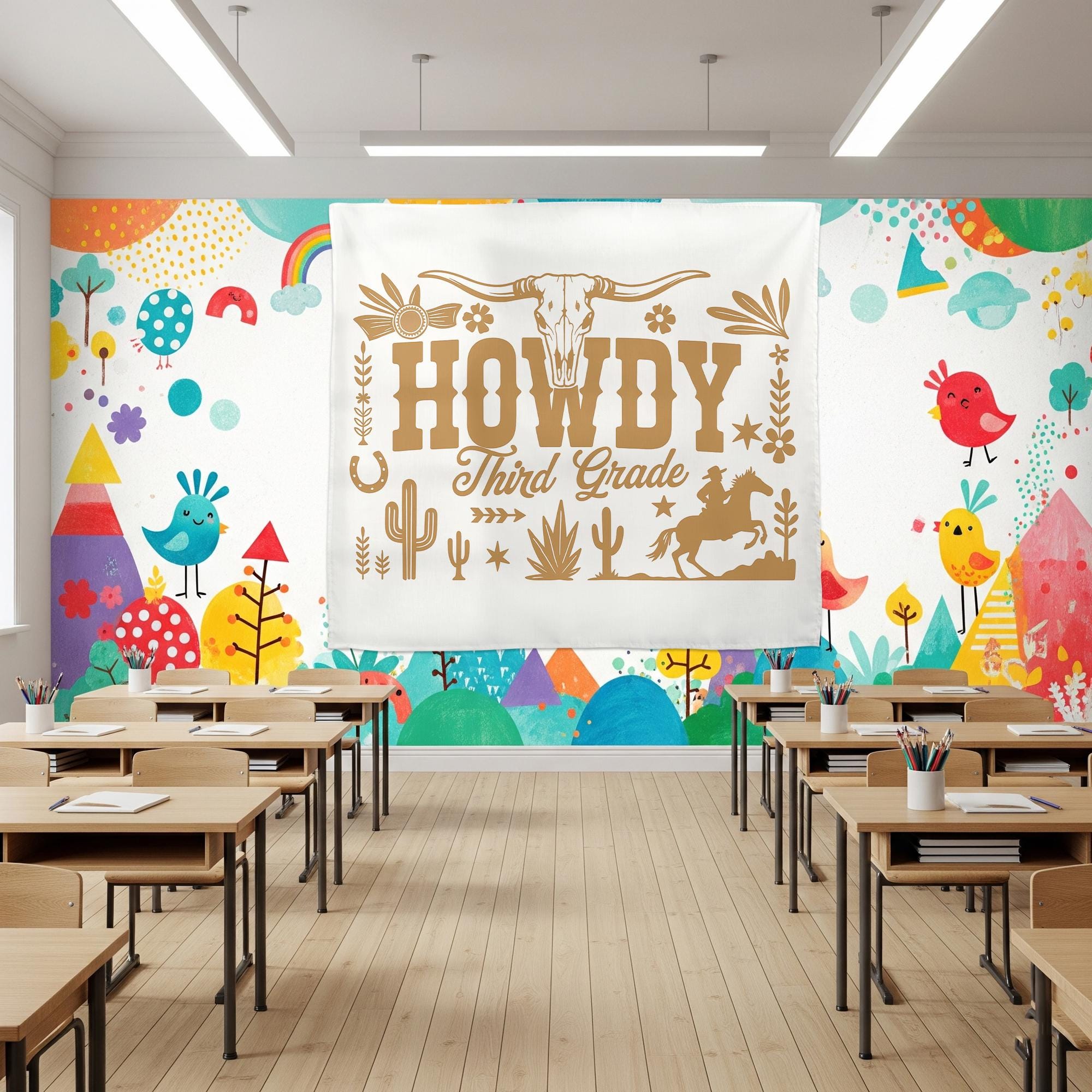 Howdy Third Grade Classroom Tapestry – Western Cowboy Theme Wall Decor, Back to School Sign, Personalized Teacher Banner