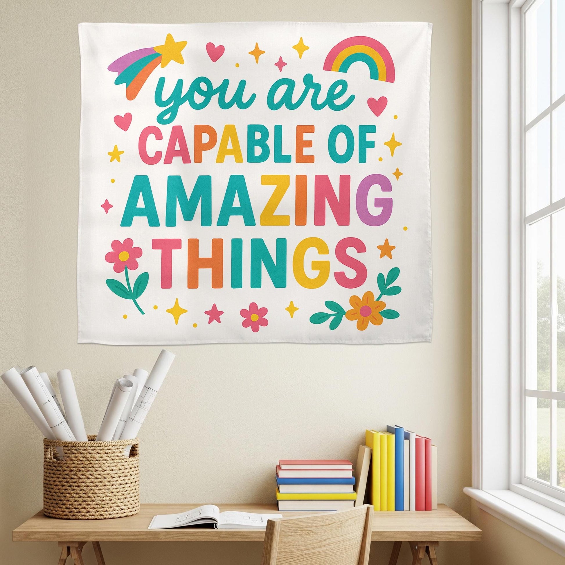 You Are Capable of Amazing Things Tapestry, Motivational Classroom Wall Decor, Positive Affirmation Banner for Teachers and Kids