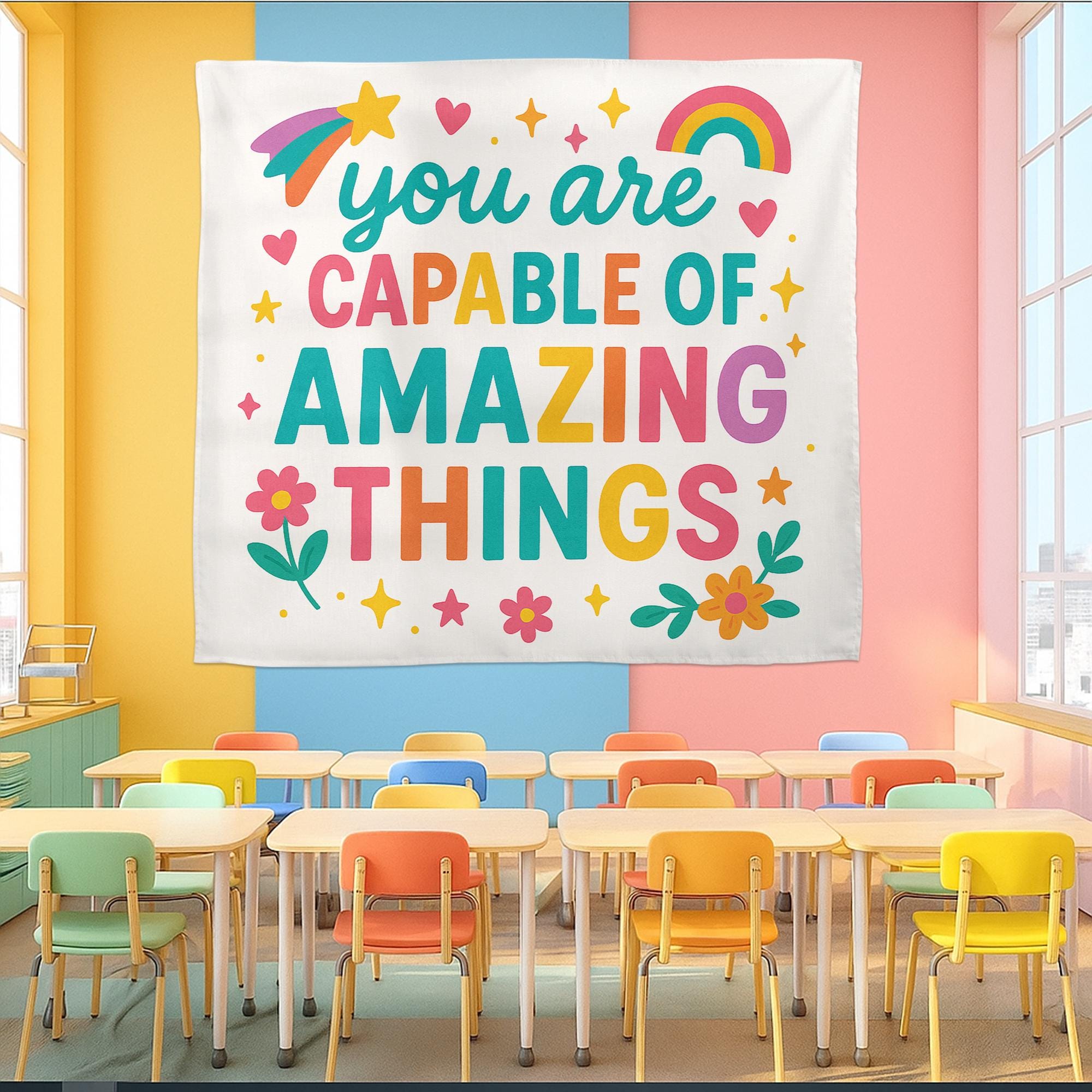 You Are Capable of Amazing Things Tapestry, Motivational Classroom Wall Decor, Positive Affirmation Banner for Teachers and Kids