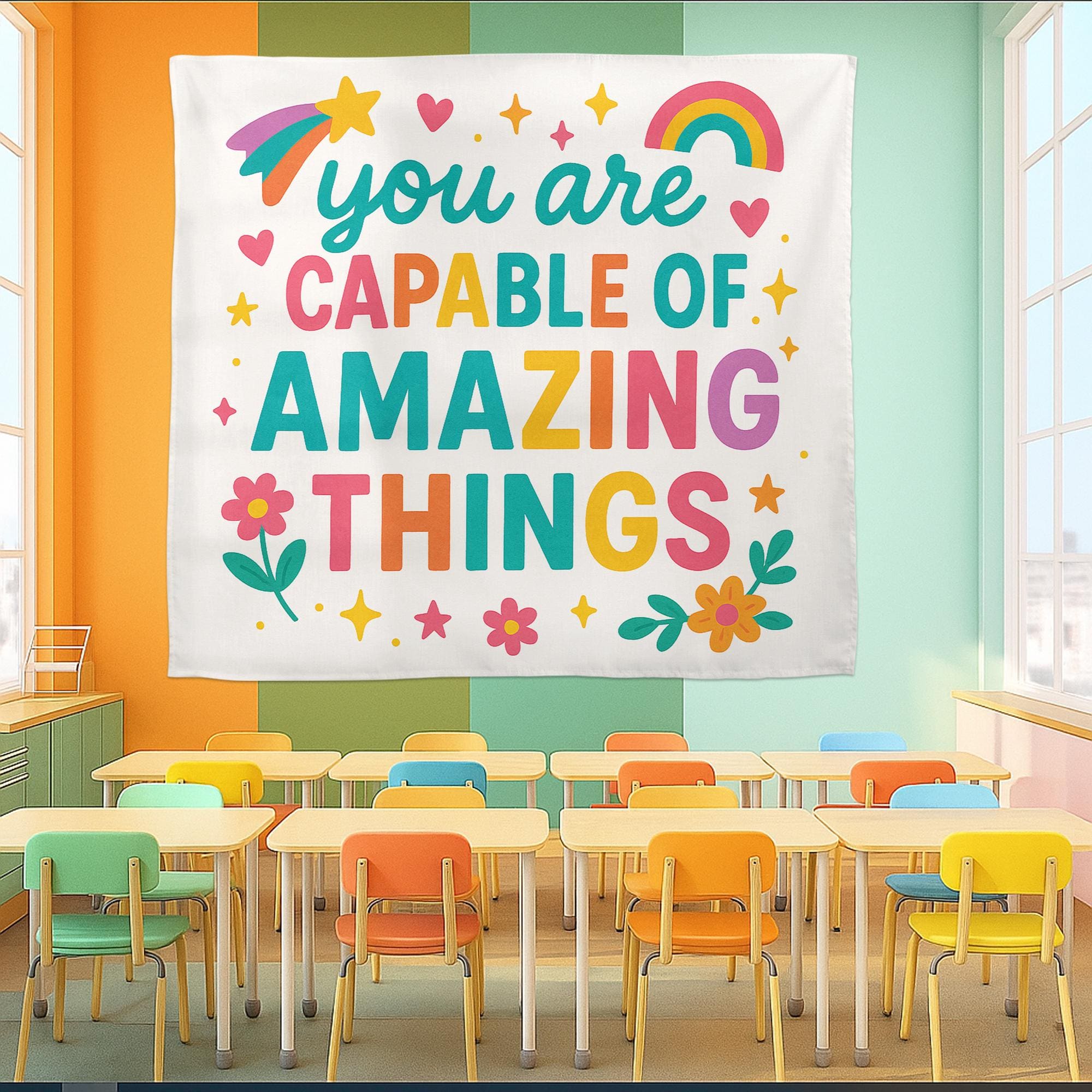 You Are Capable of Amazing Things Tapestry, Motivational Classroom Wall Decor, Positive Affirmation Banner for Teachers and Kids